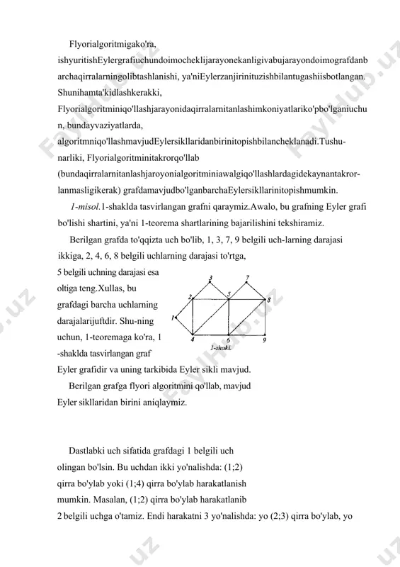 hunihamta'kidlashkerakki, flyorialgoritminiqo'llashjarayonidaqirralarnitanlashimkoniyatlariko'pbo'lganiuchun, bundayvaziyatlarda, algoritmniqo'llashmavjudeylersikllaridanbirinitopishbilancheklanadi.tushu-narliki, flyorialgoritminitakrorqo'llab (bundaqirralarnitanlashjaroyonialgoritminiawalgiqo'llashlardagidekaynantakror-lanmasligikerak) grafdamavjudbo'lganbarchaeylersikllarinitopishmumkin. 1-misol.1-shaklda tasvirlangan grafni qaraymiz.awalo, bu grafning eyler grafi bo'lishi shartini, ya'ni 1-teorema shartlarining bajarilishini tekshiramiz. berilgan grafda to'qqizta uch bo'lib, 1, 3, 7, 9 belgili uch-larning darajasi ikkiga, 2, 4, 6, 8 belgili uchlarning darajasi to'rtga, 5 belgili uchning darajasi esa oltiga teng.xullas, bu grafdagi barcha uchlarning darajalarijuftdir. shu-ning uchun, 1-teoremaga ko'ra, 1 -shaklda tasvirlangan graf eyler grafidir va uning tarkibida eyler sikli mavjud. berilgan grafga flyori algo​ritmini qo'llab, mavjud eyler sikl​laridan birini aniqlaymiz. dastlabki uch sifatida grafdagi 1 belgili uch olingan bo'lsin. bu uchdan ikki yo'nalishda: (1;2) qirra bo'ylab yoki (1;4) qirra bo'ylab harakatlanish mumkin. masalan, (1;2) qirra bo'ylab harakatlanib 2 belgili uchga o'tamiz. endi harakatni 3 yo'nalishda: yo (2;3) qirra bo'ylab, yo (2;4) qirra bo'ylab, yoki (2;5) qirra bo'ylab davom ettirish mumkin. aytaylik, (2;3) qirra bo'ylab harakatlanib 3 belgiliuchgao'tganbo'laylik. shuusuldadavometishmumkinbo'lganeylersikllaridanbirini, masalan, quyidagisiklnihosilqilamiz: ((1,2), (2,3),(3,5), (5,4), (4,6), (6,9), (9,8), (8,6), (6,5),(5,8), (8,7), …