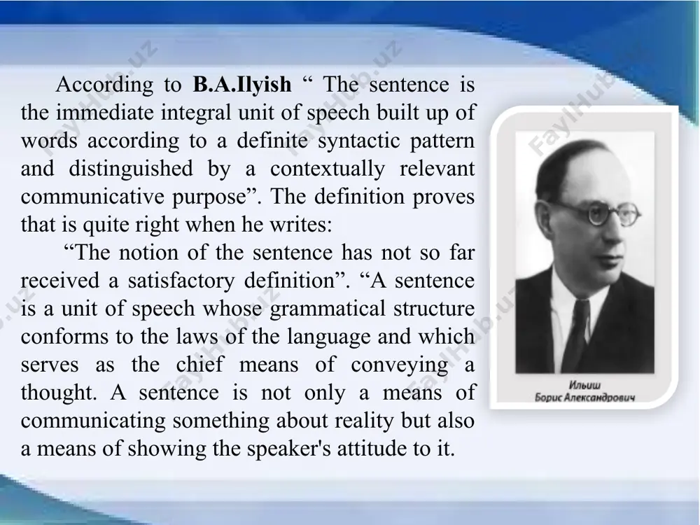 ion of the aim of the speaker. 3. the criterion of the existence of all parts of the sentence. from the point of view of the first criterion, sentences fall under two subtypes: simple and composite. the difference between them is in the fact that simple sentences have one primary predication in their structure while composite ones have more than one. according to the criterion of the aim of the speaker, sentences fall under declarative, interrogative, imperative and exclamatory. from the point of view of the existence of all parts of the sentence, we differentiate elliptical and non-elliptical sentences. generally, in all three compared languages sentences may be classified according to: types of communication structure. according to the types of communication sentence in compared languages are divided into: declarative, interrogative imperative. a declarative sentence states a fact in the affirmative or negative form. there are a number of difference between …