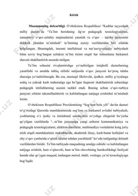 ash, mehnat ko‘nikmalarini rivojlantirish, mustaqillik, irodani tarbiyalash, ma’naviy va estetik dunyoqarashni shakllantirishdagi hamkorlikni, diqqat, xotira, nutq, tafakkur, solishtirish, ijodiy qobiliyat va boshqalarni rivojlantiradi. bu esa bitiruv malakaviy ish mavzusining dolzarbligini belgilaydi. mavzuning o‘rganilganlik darajasi. pedagogikada o‘qitish metodlarini tasniflashga yagona yondoshish mavjud emas. hozirgi didaktikada o‘qitish metodlarini bilimlar manbai bo‘yicha (s.o.lordkipanidze, ye.a.golant), didaktik maqsadlar bo‘yicha (b.p.esipov), bilish faoliyatining saviyasi bo‘yicha (i.ya.lerner, m.n.skatkin, m.i.maxmutov) farqlash eng ko‘p tarqalgan. ana shu tasniflarning har birida afzalliklar va kamchiliklar mavjud bo‘lib, ular adabiyotlarda yetarlicha tahlil qilingan. yangi pedagogik texnologiyalar va ulardan dars jarayonida foydalanish bo‘yicha jahon, mdh va respublikamiz olimlari tomonidan ko‘plab tadqiqot ishlari olib borilmoqda. yangi pedtexnologiya tushunchasining vujudga kelishi 60-yillarda amerika va g‘arbiy yevropada ta’limni isloh qilinishi bilan bog‘liq. yangicha o‘qitish g‘oyasi va tamoyillari s.l.rubinshteyn, m.i.maxmutov, v.okon, i.ya.lerner, t.sakomoto (yaponiya), v.p.bespalko kabi olimlar tomonidan ishlab chiqilgan. jahon pedagogikasida b.blum, j.koroll, p.galperin, v.i.davidov, n.a.menchinskaya texnologiyalari mashhurdir. mamlakatimizda “ta’lim to‘g‘risida”gi qonun va “kadrlar tayyorlash milliy …