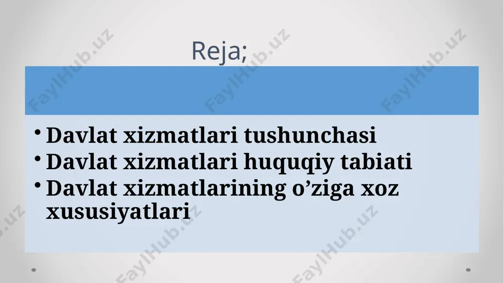 avlat xizmatlari koʻrsatish funksiyalari boshqa tashkilotlar zimmasiga yuklatilgan boʻlsa, ular ham davlat xizmatini koʻrsatishlari mumkin” 8 germaniyada davlat xizmatlari ikki xil mezon asosida tasniflanadi. ular umumiy va ixtisoslashtirilgan ma'lumotni yigʻish. qayta ishlash va taqdim etish. siyosiy qarorlarni yoki qonunlarni tayyorlash maslahat berish idoralararo oʻzaro aloqa e’tiboringiz uchun rahmat! 9