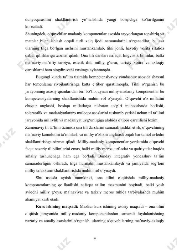 h jarayonida milliy-madaniy komponentlar bevosita til vositalari orqali ifoda etiladi va shundayligicha uzatiladi. bugungi kunda ta’lim jarayonining asosiy maqsadlaridan biri – shaxsni har tomonlama rivojlantirish bilan birga, uni o‘z milliy qadriyatlari asosida tarbiyalashdan iborat. bu esa, o‘z navbatida, o‘quv dasturlarida, darslik va metodik materiallarda milliy-madaniy komponentlarga yetarlicha o‘rin ajratishni taqozo etadi. milliy-madaniy komponentlarni ta’limga singdirish nafaqat tilni o‘rgatishda, balki o‘quvchida milliy g‘urur, vatanparvarlik, o‘zlikni anglash kabi tushunchalarni shakllantirishda ham muhim ahamiyat kasb etadi[footnoteref:2]. [2: abduazizov a. til va jamiyat: sotsiolingvistik tadqiqotlar. – toshkent: fan, 2007.] ona tili darslarida bu komponentlar orqali xalq og‘zaki ijodi (ertak, maqol, topishmoq, doston), urf-odatlar (to‘y marosimlari, xalq bayramlari), milliy timsollar (do‘ppi, atlas, milliy taomlar), tarixiy shaxslar va ularning faoliyati haqida ma’lumotlar berish mumkin. bu orqali o‘quvchi tilni o‘rganish bilan birga o‘z milliy madaniyati haqida amaliy tushunchaga ega bo‘ladi. shuningdek, u o‘rgangan har bir so‘z yoki iboraning ortida qanday madaniy mazmun yashiringani, til orqali millat ruhiyati …