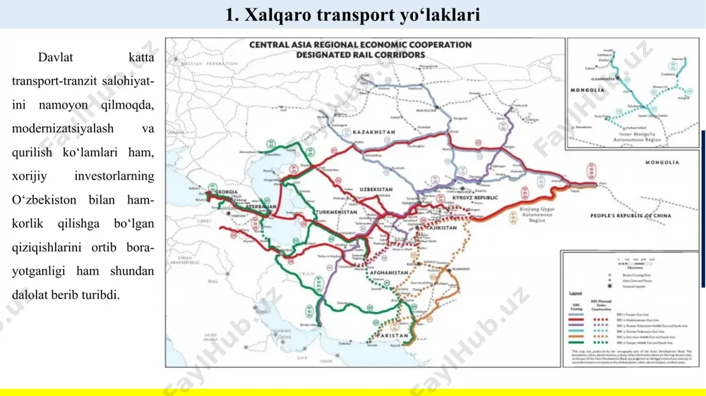 ini shakllantirishda indikativ va rag‘batlantiruvchi ishtiroki; investitsiyalar hajmini aniqlash va mamlakatdan hamda xorijdan mablag‘larni jalb qilish; mintaqaviy majmuada infratuzilma elementlarining tiplari, turlari va sonining minimal nisbati va ularning hududiy joylashuvini aniqlashdan kelib chiqib logistik infratuzilma majmuasini rivojlantirishning maqsadli dasturini ishlab chiqish; logistik infratuzilmani rivojlantirish zaruratini belgilaydigan barcha omillarni va uni yaratishga ta’sir ko‘rsatuvchi barcha mintaqaviy tarkib toptiruvchilarni (iqtisodiy, ekologik, geografik, tashkiliy, ishlab chiqarish-texnik) majmuaviy hisobga olish. 4. xalqaro transport yo‘laklarining logistik infrtuzilmasini shakllantirish хalqaro transport yo‘laklarining logistik infrtuzilmasini shakllantirishning o‘ziga xos xususiyatlari quyidagilar hisoblanadi: xalqaro yo‘nalishlarda tashilishi lozim bo‘lgan yuklarning (quyma, to‘kma, asosiy) keng nomenklaturasini tashish va yetkazib berish; xalqaro va mintaqaviy standartlarga, jumladan yei standartlariga javob beradigan barcha tipdagi yuk birliklarini tashish; tranzit yuklarni o‘tkazishning imtiyozli bojxona rejimi; yuklarning harakatini kuzatib boruvchi axborot tizimining faoliyat ko‘rsatishi va xalqaro transport yo‘laklarida yuklar va transprt vositalarining yo‘qolishining oldini olish bo‘yicha qo‘shimcha milliy chora-tadbirlarning qabul qilinishi; yo‘laklarning mamlakat chegaralariga kirish majmualarini yuklarni …