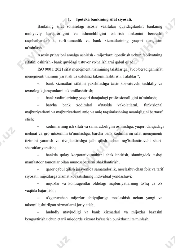axborotning oshkoraligini ta'minlash, qonun talablari, markaziy bank va boshqa davlat nazorat va nazorat organlarini ta'minlash; · "ipoteka-bank" ning moliya bozorini takomillashtirish va rivojlantirishga qaratilgan banklardagi faol pozitsiyasini yanada mustahkamlash, shuningdek mijozlar, pudratchilar va boshqa manfaatdor tomonlar o'rtasida bankning ijobiy obro'-e'tiborini mustahkamlash. sifat siyosatini amalga oshirishda bank iso 9001: 2015 standartiga muvofiq sifat menejmenti tizimining talablariga rioya etishga va tizimning samaradorligini muntazam oshirib borishga majburdir. bank rahbariyati har bir xodimga sifat siyosati haqida ma'lumot berilishini ta'minlaydi, zarur tushuntirishlarni beradi va siyosatni barcha xodimlar tomonidan amalga oshirilishini ta'minlaydi. sifat siyosatini amalga oshirish uchun mas'uliyatni akib «ipoteka-bank» boshqaruvi raisi qiladi. akib "ipoteka-bank" kengashi har yili o'z maqsadlariga erishish uchun bank faoliyatini tahlil qiladi va agar zarur bo'lsa, ushbu sifat siyosatini qayta ko'rib chiqishi mumkin. mansabdor shaxslarning xizmat safarlari xarajatlari. xorijdan tashrif buyurgan mehmonlarni kutib olish xarajatlari 2. ipoteka bankining boshqaruv faoliyati va personalining vazifalari, xarid siyosati i. umumiy qoidalar 1. ushbu "ipoteka-bank" aksiyadorlik …