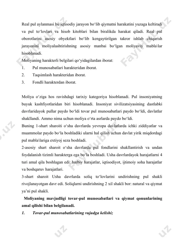 shi zarur bo‘lgan shunday sohalar mavjudki ularni to‘laqonli amal qilishida davlat bosh pozitsiyada bo‘ladi (masalan mudofaa, ijtimoiy ximoya tizimlari va boshqalar). davlat turli xil institutsional tizimlar vositasida iqtisodiy siyosatni amalga oshiradi. tartibga solish sohalari: davlat moliyasi, pul muomalasi, naqdpulsiz hisob kitoblar, valyuta kurslari, iqtisodiy xavfsizli va boshqalar. +ayta taqsimlash funksiyasi. yaratilgan milliy daromad ishlab chiqaruvchilar va iste’molchilar o‘rtasida qayta taqsimlashning obyekti hisoblanadi. bunday qayta taqsimlanishining mexanizmi sifatida soliq va budjet tizimi hisoblanadi. ijtimoiy funksiyasi. utish davrining asosiy muammosi hisoblanuvchi ijtimoiy ximoya tizimlarini shakllantirish va aholining kam ta’minlangan qatlamini ximoya qilish davlatning asosiy funksiyasi hisoblanadi. bu funksiyaning amal qilish mexanizmi: ijtimoiy transfertlar tizimi, respublika va mahalliy darajadagi ijtimoiy dasturlar, adresli ijtimoiy yordamlar. davlatning iqtisodiy roli va funksiyasi ijtimoiy iqtisodiy jarayonlarni tartibga solishning moliyaviy siyosatini va moliyaviy usullarini aniqlab beradi. tovar pul munosabatlarining mavjudligi. har qanday pul munosabatlari ham moliyaviy munosabatlar tarkibiga kiritilmaydi. masalan, bank kreditlarini olish va uni qaytarish jarayoni, kreditorlik …