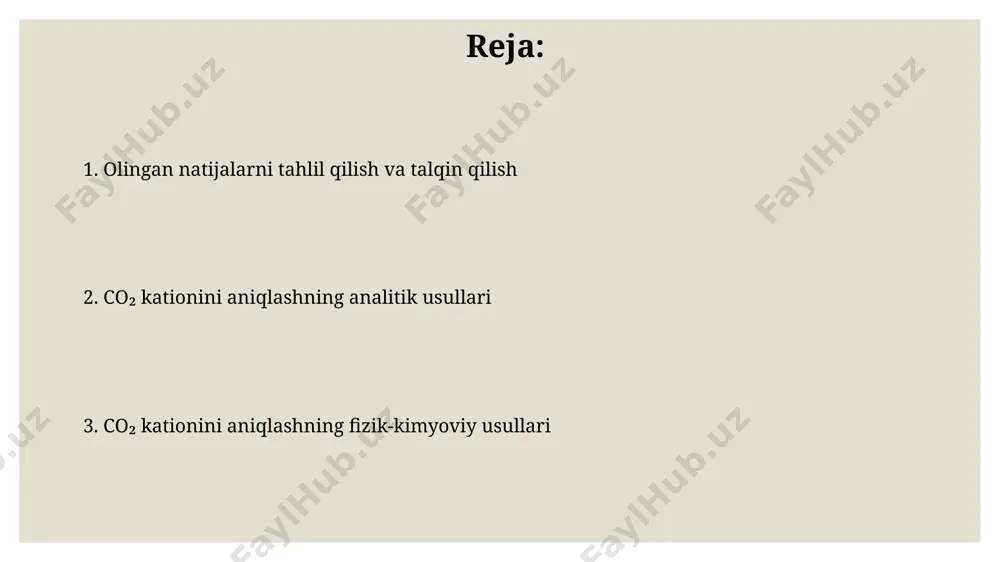 ratsiyasi 1 ppm dan 100% gacha boʻlgan diapazonda aniqlanishi mumkin, bu uning keng qoʻllanilishini ta'minlaydi. gazsimon aralashmalardagi co₂ ni aniqlashda infraqizil spektroskopiyasi, masalan, 15% gacha boʻlgan nisbiy xatolik bilan yuqori aniqlikni ta'minlaydi. atom-absorbtsion spektroskopiya aas texnikasida 200-800 nm toʻlqin uzunliklarida xarakterli absorbsiya chiziqlari kuzatiladi, ammo bu co2 uchun emas, balki metallarning aniqlanishi uchun qoʻllaniladi. aas usuli yordamida co2 ning indirekt aniqlanishi mumkin, masalan, karbonat yoki bikarbonat anionlarini aniqlash orqali, bu anionlarning konsentrasiyasi co2 miqdorini bildiradi. co₂ kationining spektroskopik tahlili co₂ катионининг раманов спектроскопиясидаги тебраниш частоталарининг ўзгариши унинг ўзаро таъсирлашуви ва муҳитнинг таъсирини баҳолаш имконини беради, бу эса таҳлил дақиқлигини оширади. 13с изотопи билан бойитилган co₂ нинг ямр спектроскопиясидаги кимёвий силжишининг аниқ ўлчови катионнинг миқдорини аниқлашга ёрдам беради. nuklear magnit-rezonans spektroskopiyasi nmr spektroskopiyasi yuqori magnit maydonidan foydalanib, co2 kationining turli xil muhitlardagi dinamik xususiyatlarini, masalan, diffuziya koeffitsiyentini va relaksatsiya vaqtini o'lchash imkonini beradi. yadro magnit-rezonans spektroskopiyasi (nmr) yordamida 13c izotopining kimyoviy …