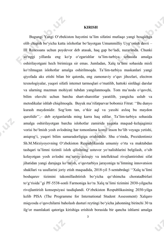 gan videoselektor yigʻilishida ta’kidlanganidek, taraqqiyotning tamal toshi ham, mamlakatni qudratli, millatni buyuk qiladigan kuch ham ilm-fan, ta’lim va tarbiyadir. uning oʻchogʻi boʻlmish maktabgacha ta’lim, maktab va oliy ta’lim tizimlari, ilmiy-tadqiqot muassasalari faoliyatini kompleks rivojlantirish, finlandiya tajribasidan kelib chiqib, ta’lim-tarbiya sohasida eng ilgʻor va samarali metodikalardan unumli foydalanish zarurligi aytib oʻtildi.umuman, ta’lim metodikasi, darsliklari , partadan tortib, binosigacha toʻliq qayta koʻrib chiqilishi; ta’limga, muallimga zaruriy shart-sharoitlar yaratilib, erkinliklar berilishi 10-15 yilda butun mamlakat qiyofasini tubdan oʻzgartirishga asos boʻladigan qudratli manba, zero har bir oila, har bir bola hayoti maktab bilan bogʻlangani, bu masala davlatning, jamiyatning eng muhim ishi ekani, qolaversa dunyodagi zamonaviy oʻquv dasturlari, oʻqitish metodikalarini oʻrganib, yurtimiz umumta’lim maktablarida joriy qilish muhimligi, ta’lim sohasidagi muammolar, ularni hal etib, ta’lim sifatini oshirishga oid vazifalar muhokama qilingani holda maktablardagi oʻquv yuklamasi va darslar sonini qayta koʻrib chiqish, oʻquvchilarni faqat yodlashga emas, balki fikrlashga chorlaydigan metodika yaratish zarurligini prezidentimiz oʻz nutqlarida yana bir …