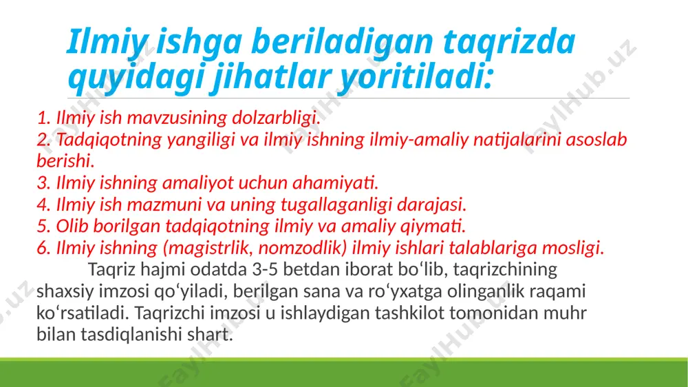 rga, adabiyotlarga tayangan holda, qiyosiy tahlillar asosida yoritishga imkon yaratadi. ilmiy maqolani yozishda muallif ikki narsaga e’tiborini qaratishi lozim: 1) maqolada aks etayotgan mavzuning dolzarbligi va ahamiyatliligi, ilmiy maqolada ko‘tarilgan muammoni o‘rganish zaruriyati; 2) maqolaning maqsadi, ko‘tarilgan masalaning ilmiy yechimi, takliflar muallifning fikr va mulohazalari asosida aniq yoritilishi lozim. tezis tezis – yunoncha thesis so‘zidan olingan bo‘lib, asosiy ma’lumot, ma’ruzaning qisqa ifodasi demakdir. tezis ilmiy matn bo‘lib, u o‘zida ilmiy tadqiqotning asosiy natijalarini va ularni olish usullarini aks ettiradi. tezisning eng muhim talablaridan biri uning qisqaligi hisoblanadi. tadqiqot bo‘yicha tayyorlangan tezis odatda, a4 formatdagi qog‘ozga 14 shriftda tushirilib, kompyuterda 2-5 betni tashkil qilishi kerak. tadqiqotning ma’lum bir yo‘nalishini aks ettirish kerak bo‘lgan tezislar o‘z tarkibida chizmalarga, jadvallarga ham o‘rin qoldirishi va ayni paytda ilmiy izlanish natijalariga taalluqli asosiy g‘oyalar aniq va lo‘nda, ilmiy ifodalanishi darkor. risola risola hajmi bo‘yicha kichik kitob va yirik maqola o‘rtasidagi asar bo‘lib, u alohida nashr …