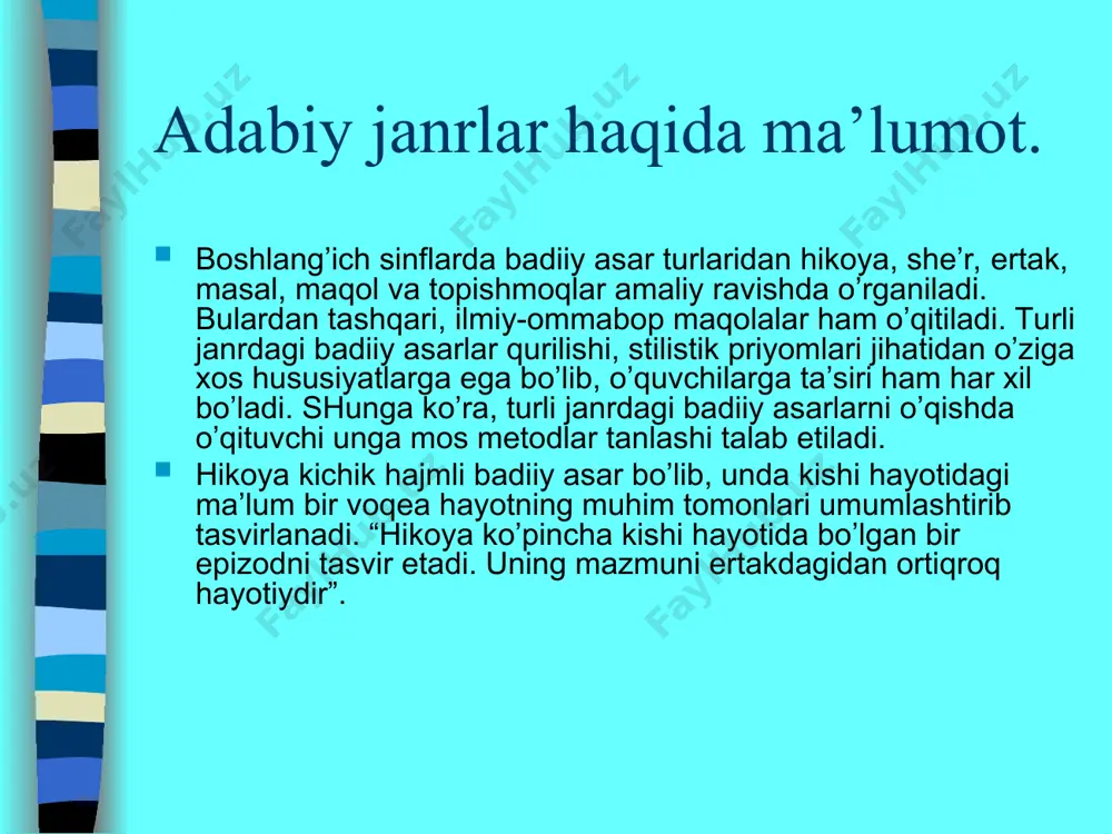 gi reja varianti sxemasi e’tiborga olinadi: 1) hikoyani o’qishga tayyorlash (hikoyada tasvirlangani kabi kishilar hayoti, davrga qisqa xarakteristika...); 2) hikoyani (to’liq yoki mantiqiy tugallangan qismlarini) o’qituvchi yoki oldindan tayyorlangan o’quvchining ifodali o’qishi; 3) idrok etishni tekshirish (qatnashuvchi shaxslarning xatti-harakatlari, shaxslar va voqealar o’rtasidagi munosabatlar yuzasidan qisqacha suhbat); 4) hikoyani qayta o’qish (hikoyani qismlarga bo’lish, o’quvchilarga o’qitish, ayrim so’zlar ma’nosini tushuntirish); 5) hikoyaning har bir bo’limi yuzasidan suhbat o’tkazish va sarlavha topish; 6) hikoyaning ayrim bo’limlarini ifodali o’qish; 7) reja asosida qayta hikoyalash; 8) hikoyani ifodali o’qishga yoki sahnalashtirishga tayyorlanish (sinfda yoki uyda); 9) hikoyani ifodali o’qish va ifodali qayta hikoyalash. hikoyani o’qitish darsi bu hikoyani o’qish darsi rejasining varianti bo’lib, o’zgarishi ham mumkin. ammo shuni unutmaslik kerakki, badiiy hikoyani o’qish darsida uning mazmunini, asosiy fikrini bilish bilan birga, asarning tarbiyaviy (badiiy asar misolida o’quvchilarni tarbiyalash), xususan, estetik ta’siri ham ko’zda tutiladi va ifodali qayta hikoyalashga katta ahamiyat beriladi. ertak o’qitish …