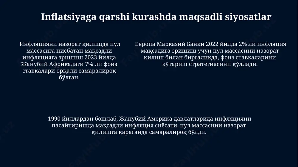 дит сиёсатининг самарадорлигини ошириб, 1% дан камроқ инфляцияга эришишга имкон беради. pul massasi maqsadli siyosatining afzalliklari мақсадли пул массаси сиёсати, мамлакатнинг валюта захиралари 50 млрд. доллардан ортиқ бўлган тақдирда, чет эл валютасининг курсини барқарорлаштиришга ёрдам беради, масалан, хитойдаги каби. пул массасига мақсадли таъсир кўрсатиш, яъни м2 кўрсаткичини 8-10% доирасида сақлаш, ўзбекистон каби ривожланувчи давлатларда иш ўринларини яратишга ва иқтисодий ўсишни тезлаштиришга ёрдам беради. пул массасига мақсадли таъсир кўрсатиш, яъни м2 кўрсаткичини 8-10% доирасида сақлаш, ўзбекистон каби ривожланувчи давлатларда иш ўринларини яратишга ва иқтисодий ўсишни тезлаштиришга ёрдам беради. inflyatsiya va pul massasini boshqarishdagi asosiy vositalar 2024 йил якунигача инфляцияни 5% га тушириш мақсадида ҳукумат ва марказий банк бюджет тақчиллигини камайтириш, давлат харидларини назорат қилиш каби фискал сиёсат чораларини қўллайди. инфляцияни 2-3% даражасида сақлаб туриш учун марказий банк 2023 йилда бозордаги ликвидликни назорат қилиш учун репо аукционлари ва мажбурий захиралар нисбатини ўзгартириш каби воситаларидан фойдаланди. пул массасини бошқаришда марказий банк қисқа муддатли …