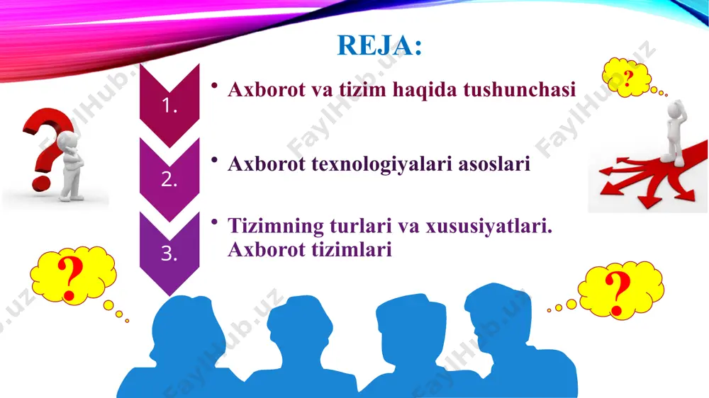 isqartmasi, ikkilik raqam degan ma'noni anglatadi. informatika fanida ko'pincha bayt deb ataladigan qiymat 8 bitdan iborat. 8 bit = 1 bayt 1024 bayt = 1 kb (kilo bayt) 1024 kb = 1 mb (mega bayt) 1024 mb = 1 gb (giga bayt) 1024 gb = 1 tb (terra bayt) 1024 tb = 1 pb (peta bayt) 1024 pb = 1 eb (ekza bayt) axborot o‘lchov birliklari 00000000 0 00000001 1 00000010 2 00000011 3 00000100 4 … … 11111111 255 jarayon deganda oldimizga qo'yilgan maqsadga erishish uchun bajariladigan harakatlarning yig'indisi tushuniladi. jarayon inson tomonidan turli vositalar va usullar yig’indisidan tashkil topgan strategiyani tadbiq qilish bilan ifodalanadi. axborot jarayonlari 8 axborot jarayonlari qidirish arxiv-lash uzatish qayta ishlash tartib-lashtirish saralash himoyalash yig’ish texnikada texnologiya deganda ma`lum bir ob’ektdan sifat jihatidan tubdan farq qiladigan boshqa bir ob’ektni (maxsulotni) hosil qilish uchun qo‘llaniladigan usullar, metodlar va vositalar yig‘indisidan foydalanadigan jarayon tushuniladi. texnologiya — bu …