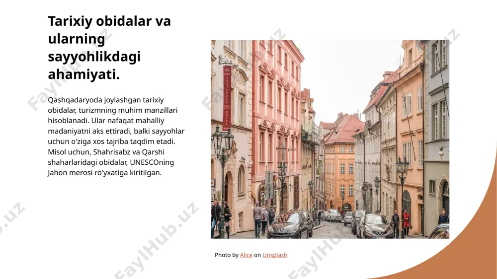 n. madaniyat va turizm qashqadaryo, o'zining madaniy merosi va an'analari bilan sayyohlar uchun qiziqarli tajribalar taqdim etadi. madaniy tadbirlar va festivallar sayyohlikni rivojlantirishga xizmat qiladi. ekoturizm imkoniyatlari qashqadaryoning tabiati, tog'lari va ekoturizm imkoniyatlari sayohat qilish uchun noyob tajribalar yaratadi. bu, sayyohlar uchun adrenalinni kuchaytiradi va hayratga soladi. e'tiboringiz uchun rahmat! image1.jpg image2.jpg /docprops/thumbnail.jpeg