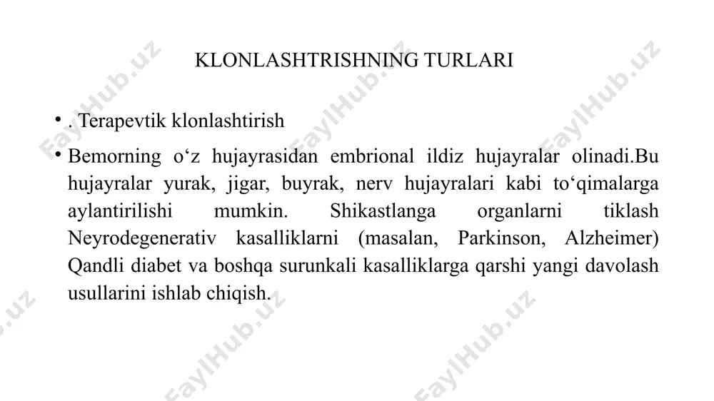 atta: ko‘plab klon embrionlari rivojlanish bosqichida nobud bo‘ladi. noto‘g‘ri dnk ko‘chirilishi– dnk to‘liq yoki to‘g‘ri ko‘chirilmasa, klonlash natijasi yaroqsiz bo‘lishi mumkin foydalanilgan adabiyotlar 1.sobirova r.a abrorov o.a biologik kimyo toshkent 2006 – yil 2. sobirova r .a yo’ldosheva .a. m biokimyo toshkent 2021-yil 3. sadlliyeva s.x zokirov q.g’ biokimyo va molekulyar biologiya e’tiboringiz uchun rahmat image1.png image2.png image3.png image4.png image5.png image6.png /docprops/thumbnail.jpeg