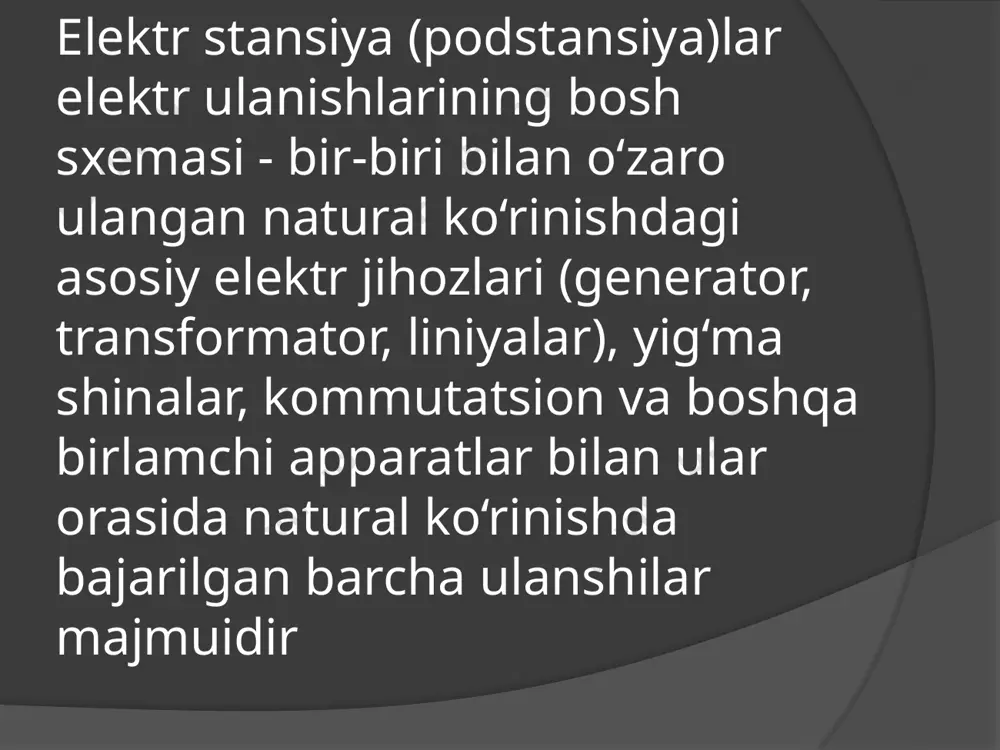 g bosh sxemalariga qo’yiladigon talablar. elektr stansiya va podstansiyalardagi elektr energiyani uzatish sxemasi fodalanilgan adabiyotlar: 1. karimov i.a. “milliy istiqlol mafkurasi – xalq e’tiqodi va buyuk kelajakka ishonchdir” toshkent, o‘zbekiston, 2000, 32 b. 2. christophe preve “protection of electrical networks”, new york,basel, “iste ltd”, 2006.508 p. 3. ruben d.garzon, “high voltage circuit breakers” design and applications second edition, usa marcel dekker,inc. all rights reseverd, 473 p. 3. allayev q.r., siddiqov i.h., hakimov m.h., ibragimov r.i., siddiqov o.i., shamsutdinov h.f. “stansiya va podstansiyalarning elektr qismi”.- toshkent: cho’lpon; 2015.302 b. image1.jpeg image2.png image3.png /docprops/thumbnail.jpeg