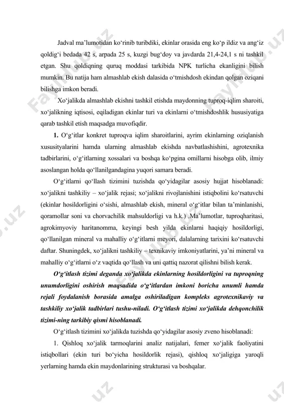 g‘itlarni qo‘llashni eng qulay miqdorlarini va yerga solish usullarini belgilash zarur. 2. o‘g‘itlarning turini tanlashga, miqdori, muddati, qo‘llash usuli va samaradorligiga iqlim sharoiti katta ta’sir ko‘rsatadi. yog‘in – sochin miqdori va harorat, vegetatsiya davrida muhim ahamiyatga ega. suv rejimi yaxshi, ayniqsa, sug‘oriladigan rayonlarda o‘g‘itlarning samaradorligi ancha yuqori bo‘ladi. nam yetishmaganda o‘g‘itlashdan olinadigan qo‘shimcha hosil miqdori kamayadi. yerga o‘g‘itsolinganda o‘simlik tuproqdagi namdan ancha tejab va unumli foydalanadi. qurg‘oqchil rayonlarda o‘g‘itlarni tuproqni namli qatlamiga solish kerak. kuzda bizning sharoitda n o‘g‘itlarni berish mumkin emas. o‘g‘itlar turi va formasini tanlashda, ularning miqdori va yerga solish usullarini aniqlashda tuproqning xossalari-ni hisobga olish zarur. tuproqdagi oziq moddalar zahirasi, uning harakatchan miqdori, ularning mexaniq tarkibi, singdirish xususiyati, reaksiyasi va buferligi juda muhim. och tusli, bo‘z tuproqlarda azotli hamda fosforli o‘g‘itlarning nisbati juda muhimdir. kaliyli o‘g‘itlar faqat azotli hamda fosforli o‘g‘itlar fonida yaxshi samara beradi. bunday tuproqlar neytral yoki ishqoriy reaksiyaga ega. fosforli o‘g‘itlarni qiyin eriydigan tuzlarini …