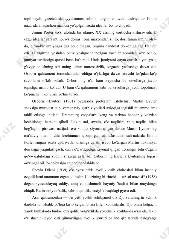zasi* (1958) degan pyesasidayoq oddiy, aniq va tushunarli hayotiy 'hodisa bilan maydonga chiqdi. bu insoniy do'stlik, sabr toqatlilik, saxiylik haqidagi pyesa edi. asar qahramonlari — o'n yetti yoshli sohibjamol qiz djo va uning tirikchilik dardida fohishalik yo'liga kirib ketgan onasi ellen xonimlardir. djo onasi ketgach, xarob kulbalarda tunlari o'zi qolib, yolg'izlikda yo'qchilik azoblarida o'ssa-da, lekin o'z sha'nini oyoq osti qilmaydigan ayollik g'ururi baland qiz tarzida balog'atga yetadi. lekin u bir qora tanli yigitga ilakishib, undan homila orttirib, hay-otda qattiq qoqiladi. shu asnoda djo uyida jisman zaif jefning paydo boiishi bilan har ikkalasining baxti kuladi. sheyla dileni uchun navqiron bir qiz bilan zaif kishining er-xotinlik masalasi qi-ziq emas edi. uni sof insoniy do'stlik masalasi qiziqtirardi. dramaturg pyesadagi kishilarning o'zaro munosabatlari silsilasini muno-zara tarzida tuzdi. djo va jef bir-birlarining quvonchi va tayan-chiga aylanadilar. asal mazasi — bu bir-birini anglash va do'stlik gashtini surish demak. pyesaning yuksak poetik shukuhi shundadir. dileni dramaturgiyasi «poetik …