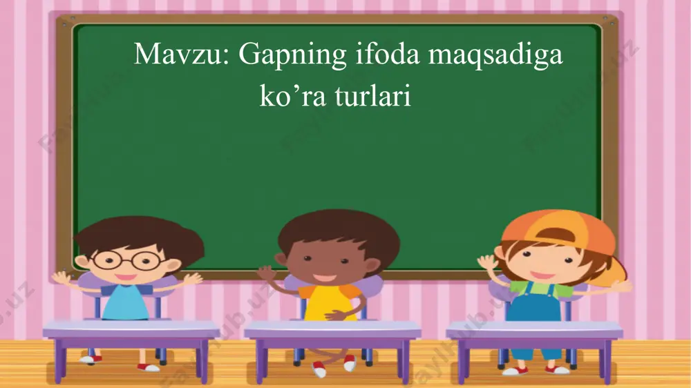 ot ot ot ot ot sifat sifat sifat fe’l fe’l 5- mashq. gaplarni tugallangan ohang bilan o‘qing. matnda nechta va ifoda maqsadiga ko‘ra qanday gaplar bor? uni qanday aniqlaganingizni tushuntirib bering. bahorning har bir kuni insonlarda xush kayfiyat uyg‘otadi borliq zumrad yashillikka burkanadi dov-daraxtlarda kurtak nish uradi tollar bargak chiqaradi qizlar undan sochpopuk taqadilar mevali daraxtlar oq, pushti rangga kiradi. birinchi gapni ko‘chiring. gap bo‘laklarini aniqlab, tegishlicha belgilang. .b .d .t . q .m bahorning har bir kuni insonlarda xush kayfiyat uyg‘otadi. gap bo‘laklarini aniqlab, tegishlicha belgilang. ____ ________ ________ chizmaga mos gap tuzing. abror kitob o‘qiyapti. sabina qo‘shiq kuyladi. qushlar baland uchdi. chizmaga mos gap tuzing. mayin shabada esdi. quvnoq musiqa tingladim. rangli kamalak chiqdi. chizmaga mos gap tuzing. kecha bolalar teatrga bordilar. chiroyli kapalak gulga qo‘ndi. yozgi ta’til maroqli o‘tadi. bugun darsda: darak gap so‘roq gap buyruq gap his-hayajon gap gap bo‘laklari gapda so‘zlarning bog‘lanishi mustaqil topshiriq: 6- …
