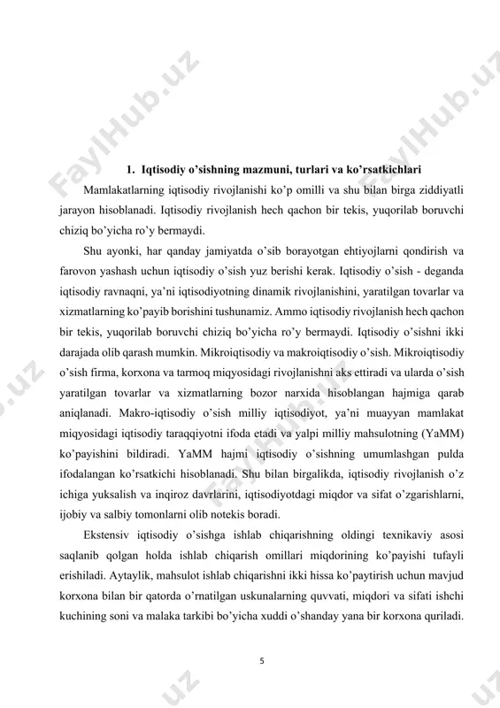 ngi texnikani qo’llash, ishchi kuchi malakasini oshirish, shuningdek mavjud ishlab chiqarish potentsialidan yaxshiroq foydalanish yo’li bilan erishiladi. intensiv yo’l ishlab chiqarishga jalb etilgan resurslarning har bir birligidan olinadigan samaraning, pirovard mahsulot miqdorining o’sishida, mahsulot sifatining oshishida o’z ifodasini topadi. bunda mahsulot ishlab chiqarishni ikki hissa oshirish uchun mavjud korxonaga teng bo’lgan yana bir korxona qurishga hojat yo’q. bu natijaga ishlab turgan korxonani rekonstruktsiya qilish va texnika bilan qayta qurollantirish, mavjud resurslardan yaxshiroq foydalanish hisobiga erishish mumkin. iqtisodiy o’sishning jismoniy ko’rsatkichlari ancha aniq natija beradi, (chunki ular inflyatsiya ta’siriga berilmaydi), lekin unversal emas (iqtisodiy o’sish sur’atlarini hisoblashda har xil ne’matlar ishlab chiqarishni umumiy ko’rsatkichga keltirish qiyin). qiymat ko’rsatkichlar keng qo’llaniladi, ammo har doim ham uni inflyatsiyadan to’liq «tozalash» mumkin bo’lavermaydi. shu sababli iqtisodiy o’sish sur’atlari qiyosiy yoki doimiy narxlarda hisoblanadi. iqtisodiy o‘sish deganda bevosita yalpi ichki mahsulot (yaim) va uning aholi jon boshiga to‘g‘ri keluvchi qiymatining ortishi tushuniladi. agar maqsad mamlakatning …