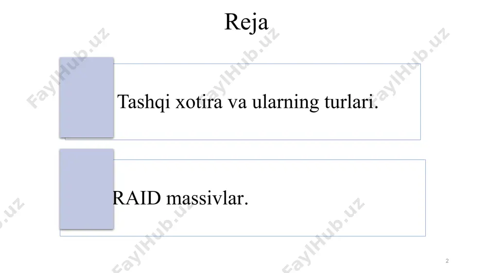 asiga urilib, aks ettiriladi va kompyuterning raqamli kodiga aylantiriladi (aks ettrish – 1, aks etmaydi – 0). lazerli (optik) disklar: cd -compact disk (kompakt disk) va dvd - digital video disk (raqamli disk) lazerli disklar klassifikarsiyasi: yozish imkoniyati mavjud emas cd-rom (compact disk read only memory) va dvd-rom (digital video disk read only memory) ; bir marta yozish va ko’p marta o’qish cd-r va dvd-r; ko’p marta qayta yozish cd-rw va dvd-rw (rw – re writable). 17 lazerli cd-disklar ovozli cd (compact disk) diametri 12 sm 74-80 minut ovozминут cd-rom, cd-r, cd-rw: 650-700 mbayt cd-rom – faqat o’qish cd-r (bo’m-bo’sh) – bir martalik yozish cd-rw – ko’p martalik yozsih mini-cd (-r, -rw) diametr 8 sm 24 minut ovoz, 210 mbayt ishonchlilik, chidamlilik ko’p arzon vinchestrga qaraganda o’qish va yozish tezligi past 18 dvd-disklar dvd-rom – faqat o’qish uchun dvd-r, dvd+r – bir martalik yozish dvd-rw, dvd+rw – ko’p martalik yozish …