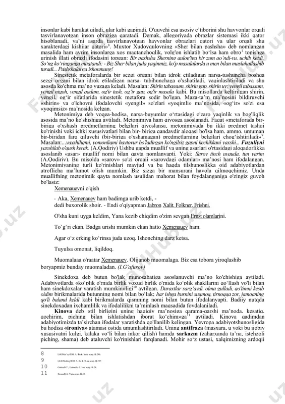 a ikki komponent - o'xshatiluvchi obyekt va o'xshovchi obraz qiyoslanadi. metafora esa bir komponentli bo'ladi. 3. o'xshatishlarda kengayish imkoniyati ko'p, bir gap hatto abzas darajasida kengayishi mumkin. metaforaiar esa so‘z yoki so‘z birikmasidan iborat bo'ladi. 4. 0‘xshatishda maxsus ko'rsatkichlar bo'ladi: -dek, -day, -simon, -larsha, kabi, singari, o'xshamoq va boshqalar. metaforalarda bunday ko'rsatkichlar bo'lmaydi. buni quyidagi misoldan ham ko'rish mumkin: karim tulkiday ayyor odam. o'xshatish konstruktsiya. bunda karim - o'xshatish subyekti, fw/fcf-o'xshatish etaloni, ayyor-o'xshatish asosi, -day - o'xshatishning shakliy ko'rsatkichi. bu to'liq o'xshatish. karim - tulki. bu qisqargan o'xshatish, chunki gapda o'xshatish asosi (qaysi xususiyati o'xshashligi) va ko'rsatkichi ifodalanmagan. voy, tulki-yey... (karimga nisbatan ishlatilmoqda) bu metafora hisoblanadi. chunki, karimning ayyorligi obrazli tarzda ifodalanyapti, butunlay qayta nomlanyapti. metaforalarga misollar: [3: mynappamob m. ^36ek tm/imfla yxluatmw.-iolukeht, 1976.-b.13.] [4: mamafla/ineba m. y36ei kneb a. 9uja acap.-e.80.] · hodisa nomini boshqa ibora bilan atayverish kutilgan effektni bermaydi. atalayotgan hodisa bilan yangi nom-ibora o'rtasida mazmuniy yaqinlik …