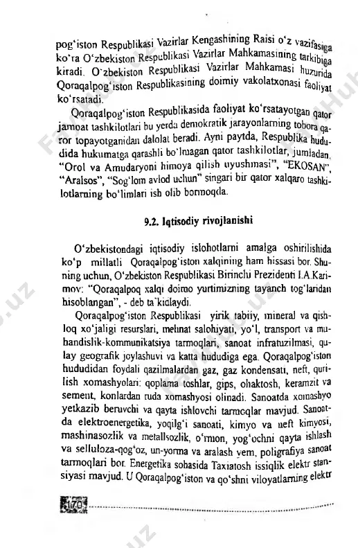 ham hissasi bor. shu- ning uchun, o'zbekiston respublikasi birinclii prezidenti i.a.kari- mov: “qoraqalpoq xalqi doimo yurtimizning tayanch tog'laridan hisoblangan”, - deb ta'kidlaydi. qoraqalpog'iston respublikasi yirik tabiiy, mineral va qish­ loq xo'jaligi resurslari, mehnat salohiyati, yo'l, transport va mu- handislik-kommunikatsiya tarmoqlari, sanoat infratuzilmasi, qu- lay geografik joylashuvi va katta hududiga ega. qoraqalpog'iston hududidan foydali qazilmalardan gaz, gaz kondensati, neft, quri- lish xomashyolari: qoplama toshlar, gips, ohaktosh, keramzit va sement, konlardan ruda xomashyosi olinadi. sanoatda xomashyo yetkazib beruvchi va qayta ishlovchi tarmcqlar mavjud. sanoat­ da elektroenergetika, yoqilg'i sanoati, kimyo va neft kimyost, mashinasozlik va metallsozlik, o'mion, yog'oclmi qayta ishlash va selluloza-qog oz, un-yorma va aralash vem, poligrafiya sanoat tarmoqlari bor. energetika sohasida taxiatosh issiqlik elektr stan- siyasi mavjud. u qoraqalpog'iston va qo'shni viloyatlaming elektr energiyasiga bo'lgan talabini qondiradi (stansiyaning o'rtacha yil- lik quwati 443,4 mvt). mustaqillik yillarida boshqa mintaqalarimiz qatori qoraqal­ pog'istonning rivojlanishiga ham ulkan e’tibor berilmoqda. aynan ana shunday e’tibor tufayli …