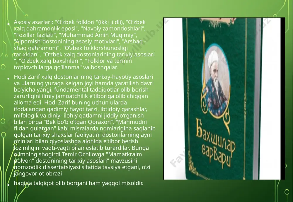 nihoyat, «devonu lug`otit-turk» leksikasining o`zbek folklorida ko`rinishi» nomli tadqiqoti tilshunoslikka qo`shilgan muhim hissadir. ularda sheva va adabiy til, sheva va folklor tili, til va uslub, til va termin, folklor va til tarixi kabi masalalarni yoritishga harakat qilingan. tahlil etilayotgan obyektni tarix, arxeologiya, etnografiya, moddiy madaniyat, tasviriy san’at materiallari bilan keng planda qiyosiy urganish; shuningdek, o`rganilayotgan epik asarni, bir tomondan, versiya va variantlararo, ikkinchi tomondan. qardosh va boshqa xalqlar ijodiyotiga chogishtirish, bu bilan uning qadimiy ildizlari va asoslarini ochishga intilish zarifovga xos tekshirishning bosh belgisidir. zotan, xuddi shun­day ilmiy tekshirish bilangina, «mirzachulni ikkinchi far­gona — oq oltin, ipak va shirin mevalar koniga aylantirish uchun jonbozlik qilayotgan farhodining ajoyib mehnatini kuylagan vddni^lardan, bestun qoyalarini kesib, sut buloqlari ochgan farhod zamonasigacha; vatan mudofaasi yo`lida jon berib, bosqinchi kayxusrovni maqtovli qo`shini bilan o`limga mahkum etgan urta osiyo malikasining ta’rif- tavsiflaridan, tulporini ma’bud sifatida kursatuvchi, qo`- yoshni — ota, oyni — ona deb tasavvur etgan …