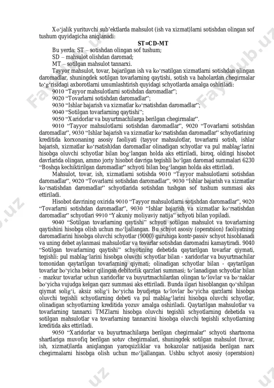 o‘g‘risida»gi nizom asosida olib boriladi. ushbu nizomning ahamiyati katta bo‘lib, u soliqqa tortiladigan foyda bilan buxgalteriya schyotida (balans foyda) hosil bo‘ladigan foyda farqini aniqlash imkoniyatini beradi. xarajatlar tarkibi to‘g‘risidagi nizom bir tomondan, xo‘jalik sub’ektlariga hisobot davri ichidasodir bo‘lgan xarajatlar va daromadlar to‘g‘risidagi aniq ma’lumotlarni olish imkoniyatini bersa, ikkinchi tomondan, soliq qonunlariga binoan soliq organlariga hisobotlarni tuzib, topshirish imkoniyatini beradi. xo‘jalik sub’ekti balans foydasini aniqlash uchun sotishdan tushgan tushumdan olib tashlanadigan xarajatlar ro‘yxati ushbu nizomning asosiy matnida keltirilgan. bundan keyin xo‘jalik sub’ekti buxgalteriya hisobi schyotlarida ko‘rsatilgan foydani soliq qonunchiligiga binoan tuzatilib soliqqa tortiladigan foydani aniqlaydi. buxgalteriya hisobi schyotlaridagi foydani soliq qonun-chiligiga binoan tuzishga misol qilib normadan ortiq xarajat-langan safar xarajatlari, reklama xarajatlari va boshqalarni keltirish mumkin. demak, soliqqa tortiladigan bazani hisoblab chiqish uchun bu xarajatlarni soliqqa tortiladigan foydaga qaytadan qo‘shish kerak. buning natajasida xo‘jalik yurituvchi sub’ekt quyidagi ma’lumotlarga ega bo‘ladi: - xo‘jalik sub’ektining qaysi bo‘linmalaridan qancha ishlab chiqarish, moliyaviy va boshqaruv …
