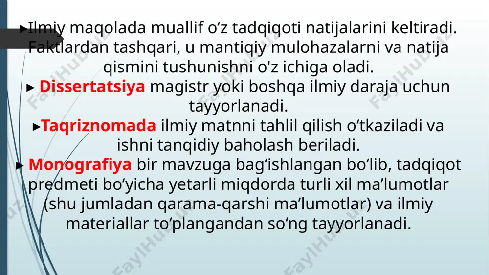 miy-publitsistik (ilmiy-ommabop) o‘zlashtirishlari kerak, bu keng jamoatchilik maydonida ekspert nuqtai nazarini nashr etish uchun qo‘llaniladi. sanab o‘tilgan barcha janrlar tilning mazmuni, o‘ziga xos xususiyatlari, kompozitsiyasi, funksional-nutq o‘ziga xosligi bo‘yicha farqlanadi. shu bilan birga, ularni bitta asosiy xususiyat - fikrlarni ifodalashning aniqligi, aniqligi va aniqligi birlashtiradi. ● akademik yozuv uslubining xususiyatlari akademik yozuv doirasida har qanday matnni yozishda uning xususiyatlarini hisobga olish kerak. shunday qilib, ilmiy matn akademik yozuvning asosiy modeli sifatida kirish, asosiy qism va an'anaviy xulosadan iborat oddiy tuzilishga ega bo'lishi kerak. ▸kirish qismi mavzuni qisqacha ochib beradi, o’quvchini ish kursiga kiritadi. ▸ asosiy qismda muallif mavzu bo‘yicha ilmiy tadqiqotlarga murojaat qiladi va o‘rganilayotgan muammoning o‘z ko‘rinishini ifodalaydi. ▸ xulosada xulosalar chiqariladi, o‘rganilayotgan masalada kelgusi istiqbollar ko‘zda tutiladi, prognozlar amalga oshiriladi. takliflarni qurishda, maxsus terminologiya va atamalarning professional qisqartmalaridan foydalanishda muallif qaysi auditoriya uchun yozganini tushunishi kerak. o'qishda hech qanday savol qolmasligi kerak, mavzu to'liq va tushunarli tarzda ochib …