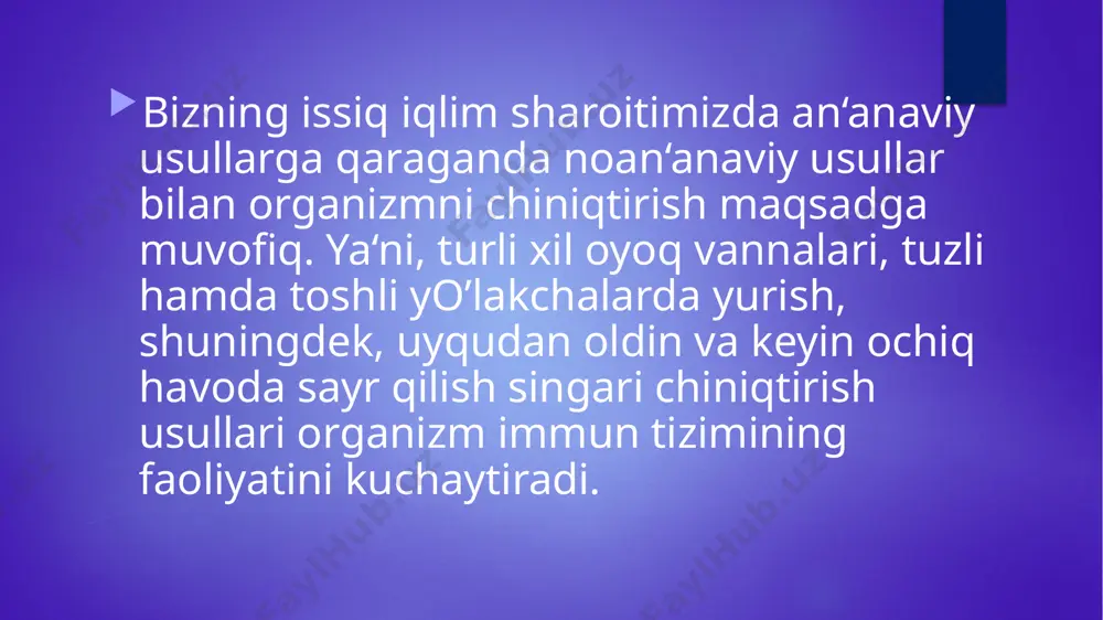 hayotiyligini ta’minlaydi. shuningdek, qon kislorod va ozuqa moddalarini tananing turli hujayralariga, shu jumladan teriga yetkazadi va erkin radikallarni yo’q qiladi. teringiz ichki qismi bilan tozalanadi. bundan tashqari, u husnbuzar va ekzema kabi teri muammolarini keltirib chiqaruvchi stressdan halos etadi muntazam jismoniy mashqlar bilan shug’ullanish insonning o’ziga bo’lgan ishonchini oshiradi va tananing umumiy salomatlik darajasini yaxshilaydi. o’zimizga bo’lgan ishonchimiz to’g’ridan-to’g’ri bizning energiya darajamiz va jozibadorligimiz bilan bog’liqligi sababli, jismoniy mashqlar tufayli o’zingizni go’zal hamda tetik his qila boshlaysiz. image6.jpeg image2.png image3.png image4.png image5.png /docprops/thumbnail.jpeg
