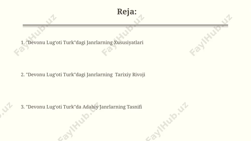 r adabiyotidagi gender rollari toʻgʻrisida maʼlumot beradi. zamonaviy adabiyotshunoslikda "devonu lug'oti turk" janrlari "devonu lug'oti turk"ning 15-asr turkiy jahonining adabiy va madaniy hayoti haqidagi qimmatli ma'lumotlarini o'zida mujassam etgan turli janrdagi matnlarini taqqoslash samarqand maktabi tadqiqotchilari tomonidan olib boriladi. mahmud koshg'ariyning "devonu lug'oti turk" asarida uchraydigan taxminan 7000 dan ortiq söz va iboralarning janrga bog'liq xususiyatlari hozirgi zamon lingvistik tadqiqotlari mavzusi hisoblanadi. janrlararo aloqalar va o'zgarishlar devonu lugʻoti turkda 20 dan ortiq turli janrlarning ayrim elementlarining bir-biriga singib ketishi orqali yangi janrlarning paydo boʻlishi, masalan, masnaviy va qasidalar o'rtasidagi o'zgarishlar kuzatilgan. matnda 3 ta asosiy hikoya turi — rivoyat, afsona va ertak —ning oʻzaro bogʻliqligi va ularning keyinchalik 16-asrda istanbul adabiyotiga taʼsiri tahlil qilinadi. she'riy janrlarning xususiyatlari asosan 11-15-asrlarga oid qoʻlyozmalarda uchraydigan sheʼriy janrlarning badiiy vositalari, masalan, tazmin, istiora va kinoya kabi uslubiy jihatlari oʻrganilgan. “devonu lugʼoti turk”da mavjud sheʼriylarni tahlil qilish natijasida 20 dan ziyod sheʼriy oʻlchovlar (aruz)ning qoʻllanilishi …