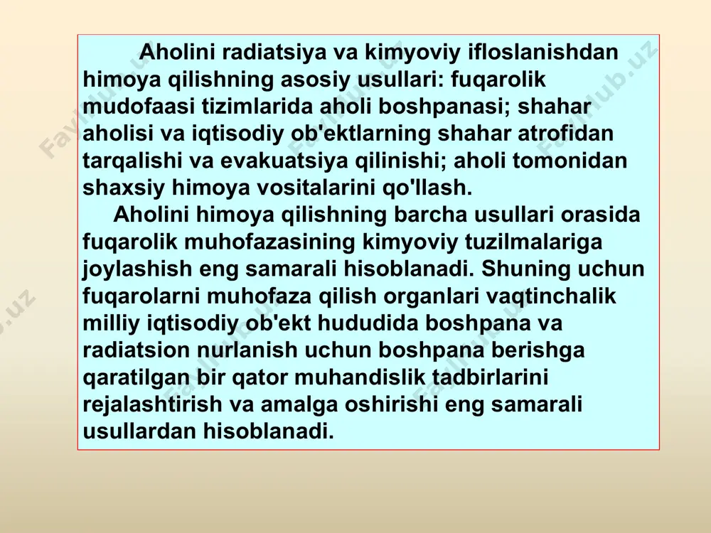 (600-2000 yashirinuvchilar) katta (2000 dan ko’p yashirinuvchilar) kichik (50-600 ta yashirinuvchi) uy-joylarda odamlar uzoq vaqt qolishlari mumkin, hatto ular yig'ilib qolganlarida ham ularning xavfsizligi bir necha kunga ta'minlanadi. himoyaning ishonchliligi parniklar va qatlamlarning mustahkamligi, shuningdek, boshpana odamlarining normal ishlashini ta'minlaydigan sanitariya-gigiyena sharoitlarini yaratish orqali ta'minlanadi. yashash joylari - yadro portlashining (shu jumladan neytron oqimining) zararli omillari, toksik moddalar va bakteriologik vositalar, yuqori haroratlar va yong'in zonalarida zararli gazlar, shuningdek ko'chkilar oqibatida zarar ko'rgan shaxslar uchun eng ishonchli himoyani ta'minlaydigan inshootlar portlash paytida vayron bo'lgan binolarni (inshootlarni) yo'q qilish. anti-radiatsion uy joylar uchun bir qator talablar mavjud. ular radioaktiv nurlanishning kerakli kuchlanishini ta'minlashi, kimyoviy xavfli ob'ektlarda baxtsiz hodisalar yuz berganda himoya qilishlari kerak, ba'zi tabiiy ofatlarda odamlar uchun hayotni saqlab qolishlari kerak: bo'ronlar, tornadolar, tayfunlar, qorlar. shuning uchun, ular istiqomat qiluvchilarning aksariyatini yashash joylariga (ishlariga) yaqin joyda joylashtirishlari kerak. binoning balandligi, odatda, zaminning pastki qavat tuzilmalaridan pastki qismigacha 1,9 m dan …