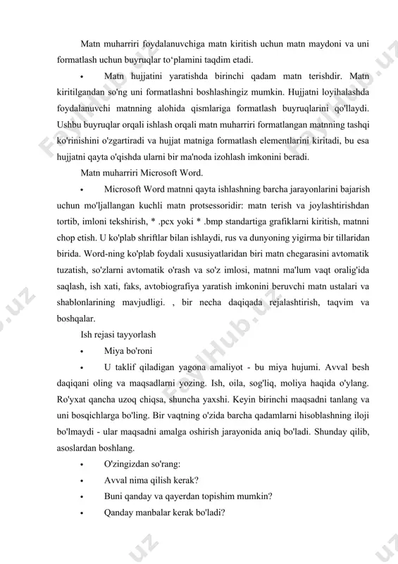 amalga oshirish jarayonida aniq bo'ladi. shunday qilib, asoslardan boshlang. · o'zingizdan so'rang: · avval nima qilish kerak? · buni qanday va qayerdan topishim mumkin? · qanday manbalar kerak bo'ladi? rejalashtirishning uch darajasi · oylik reja. · hafta rejasi. · kun uchun reja tuzing. keyingi oyni kalendarda oching va unga miya hujumidan olib tashlangan qadamlarni qo'shing. keyinchalik, oylik rejangiz qanday o'sganingizni ko'rsatadi. har hafta unga qanday vazifalar rejalashtirilganligini va qachon bajarilishi kerakligini aniqlang. shunday qilib, siz darhol yoki bir hafta ichida vazifani bajarishingiz kerakligini va yana sizga oldindan murojaat qilish kerak bo'lgan odamlarning yordamiga muhtoj ekanligingizni tushunasiz. · har hafta unga qanday vazifalar rejalashtirilganligini va qachon bajarilishi kerakligini aniqlang. shunday qilib, siz darhol yoki bir hafta ichida vazifani bajarishingiz kerakligini va yana sizga oldindan murojaat qilish kerak bo'lgan odamlarning yordamiga muhtoj ekanligingizni tushunasiz. microsoft word hujjatidagi matnni formatlash. matnli hujjatlarni formatlash ofisda matnli hujjatlar bilan ishlaydigan har bir kishi so'z muharriri, …