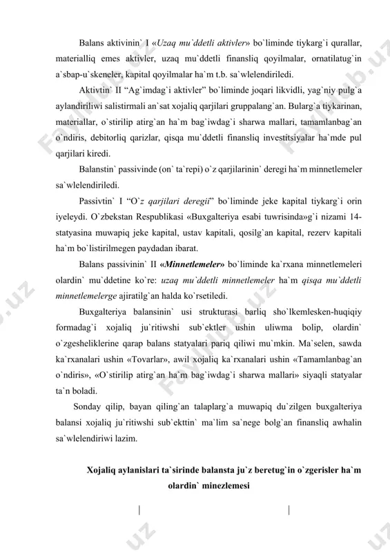 n`liginin` o`zgermesligi udayina saqlanadi. buni misalda tastiyiqlawimiz ushin awil xojaliq ka`rxanasinin` jil basina du`zilgen balansti keltiremiz (3.2-keste) ha`m onin` xojaliq aylanislari ta`sirinde o`zgeriwin to`mendegi misallarda ko`rip shig`amiz. 2-keste baslang`ish balans aktiv summa, swm passiv summa, swm tiykarg`i qurallar 1312600 ustav kapitali 1448960 materiallar 24200 xizmetkerler menen miynet haqi boyinsha esaplasiwlar 39890 tiykarg`i o`ndiris 43850 esap-kitap scheti 134400 zat jetkizip beriwshiler 26200 balans 1515050 balans 1515050 1-aylanis. quni 8600 swmliq material skladtan tiykarg`i o`ndiriske berildi ha`m sariplandi. bul aylanis na`tiyjesinde skladtag`i materiallar 8600 swmg`a kemeydi (24200 – 8600 = 15600). usi waqittin` o`zinde tiykarg`i o`ndiris qa`rejetleri 8600 swmg`a ko`beyedi (43850+8600=52450). bul aylanistan son` balanstin` ja`mi summasi o`zgermedi, tekg`ana balans aktivindegi statyalar arasinda o`zgeris ju`z berdi. 3-keste 1-aylanistan keyingi balans aktiv summa, swm passiv summa, swm tiykarg`i qurallar 1312600 ustav kapitali 1448960 materiallar (-8600) 15600 xizmetkerler menen miynet haqi boyinsha esaplasiwlar 39890 tiykarg`i o`ndiris (+8600) 52450 esap-kitap scheti 134400 zat jetkizip beriwshiler …
