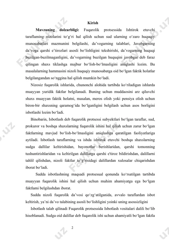 ron-bir shaxsning qaramog‘ida bo‘lganligini belgilash uchun asos borligini isbotlashi lozim bo‘ladi. binobarin, isbotlash deb fuqarolik protsessi subyektlari bo‘lgan taraflar, sud, prokuror va boshqa shaxslarning fuqarolik ishini hal qilish uchun zarur bo‘lgan faktlarning mavjud bo‘lish-bo‘lmasligini aniqlashga qaratilgan faoliyatlariga aytiladi. isbotlash taraflarning va ishda ishtirok etuvchi boshqa shaxslarning sudga dallilar keltirishidan, bayonotlar berishlaridan, qarshi tomonning tushuntirishlaridan va keltirilgan dalillarga qarshi e'tiroz bildirishdan, dalillarni tahlil qilishdan, nizoli faktlar to‘g‘risidagi dalillardan xulosalar chiqarishdan iborat bo‘ladi. sudda isbotlashning maqsadi protsesual qonunda ko‘rsatilgan tartibda muayyan fuqarolik ishini hal qilish uchun muhim ahamiyatga ega bo‘lgan faktlami belgilashdan iborat. sudda nizoli fuqarolik da’vosi qo‘zg‘atilganida, avvalo taraflardan isbot keltirish, ya’ni da’vo talabining asosli bo‘lishligini yoinki uning asossizligini isbotlash talab qilinadi fuqarolik protsessida isbotlash vositalari dalili bo‘lib hisoblanadi. sudga oid dalillar deb fuqarolik ishi uchun ahamiyatli bo‘lgan faktla to‘g‘risidagi ma’lumotlami olishning qonun bilan belgilangan protsessual vositalariga va isbotlash ahamiyatga ega bo‘lgan faktlarning o‘ziga aytiladi. fuqarolik protsessining xususiyati shundan iboratki, sudlar …