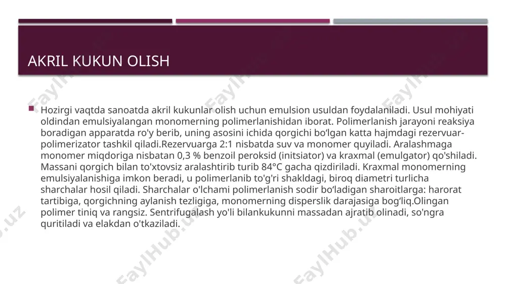 plastifikatsiya jarayoniga bogʻliq.eladent-pushtirangga bo'yalgan, akril monomerlar (metak rilat bilan metilmetakrilat)ning plastifikatsiyalangan sopolimeri. olib qo'yiladigan protezlar bazislari ostiga protez yuzasining egiluvchanligi kam qismlariga tushadigan bosimni kamaytirishmaqsadida qistirmalar yasash uchun qoʻllaniladi. sanoatda kukun va suyuqlikdan iborat preparat tarzida ishlab chiqaradi. kukun-metilakril va metilakril efirlarning sopolimeri.suyuqlik xuddi shu efirlarning aralashmasi, unga plastifikator qo'shilgan. olib qo'yilmaydigan tish protezlari uchun plastmassalar sinma-polimerlanish vaqtida dibutilftalat bilan plastifi katsiyalanib, tikilgan akril sopolimeridan iborat plastmassa. material turli xil ortopedik konstruksiyalar: ko'priksimon protezlar, fasetkalar, qoplamalar, shinalar kabilarni tayyorlash uchun qo'llaniladi.«sinma-74 plastmassasi kukun va suyuqlikdan iborat komplektlar shaklida ishlab chiqariladi. kukun mayda dispers plastifikatsiyalangan polimetilmetakrilat, 10 xil rangda boʻladi. suyuqlik-metilmetakrilat, oʻzida tikish materiali tutadi. zarur rangdagi ashyolar hosil qilish uchun komplektda, bo'yoqlar yig'masi mavjud.qoliplash massasini tayyorlash va «sinma-74»ni qoliplash usuli akril guruhdagi bazis plastmassalardagi kabidir. «sinma-74»dan tayyorlangan ashyolar fizik-mexanik ko'r satkichlarning yuqoriligi bilan ajralib turadi. o'z-o'zidan qotadigan plastmassalar. bu guruhga tashqi tomondanqizdirilmasdan polimerlanish xususiyati boʻlgan plastmassalar kiradi.akril plastmassa tarkibiga atrof-muhitning …