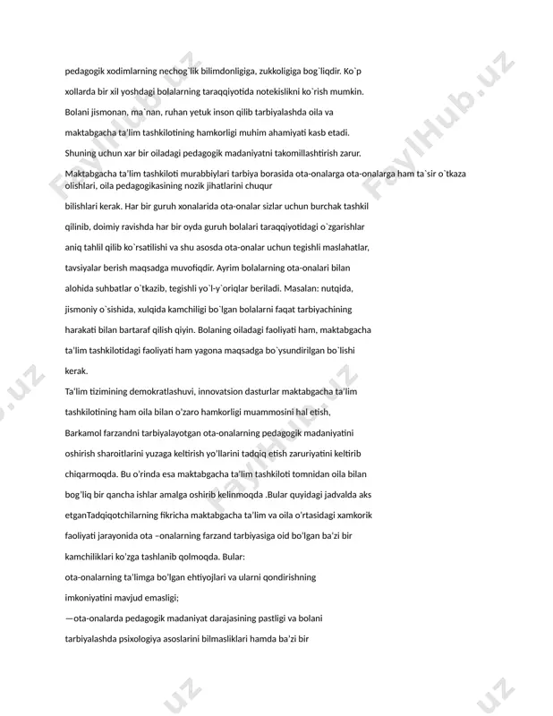 larining maktabgacha ta`lim tashkilotlarida pedagogik xodimlarning nechog`lik bilimdonligiga, zukkoligiga bog`liqdir. ko`p xollarda bir xil yoshdagi bolalarning taraqqiyotida notekislikni ko`rish mumkin. bolani jismonan, ma`nan, ruhan yetuk inson qilib tarbiyalashda oila va maktabgacha ta’lim tashkilotining hamkorligi muhim ahamiyati kasb etadi. shuning uchun xar bir oiladagi pedagogik madaniyatni takomillashtirish zarur. maktabgacha ta’lim tashkiloti murabbiylari tarbiya borasida ota-onalarga ota-onalarga ham ta`sir o`tkaza olishlari, oila pedagogikasining nozik jihatlarini chuqur bilishlari kerak. har bir guruh xonalarida ota-onalar sizlar uchun burchak tashkil qilinib, doimiy ravishda har bir oyda guruh bolalari taraqqiyotidagi o`zgarishlar aniq tahlil qilib ko`rsatilishi va shu asosda ota-onalar uchun tegishli maslahatlar, tavsiyalar berish maqsadga muvofiqdir. ayrim bolalarning ota-onalari bilan alohida suhbatlar o`tkazib, tegishli yo`l-y`oriqlar beriladi. masalan: nutqida, jismoniy o`sishida, xulqida kamchiligi bo`lgan bolalarni faqat tarbiyachining harakati bilan bartaraf qilish qiyin. bolaning oiladagi faoliyati ham, maktabgacha ta’lim tashkilotidagi faoliyati ham yagona maqsadga bo`ysundirilgan bo`lishi kerak. ta‘lim tizimining demokratlashuvi, innovatsion dasturlar maktabgacha ta’lim tashkilotining ham oila bilan …