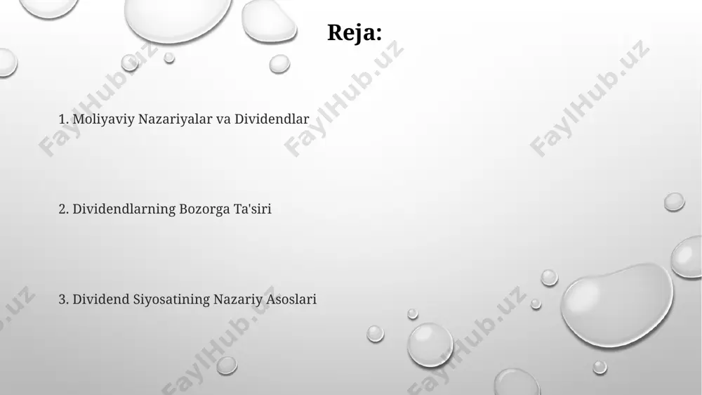 ushbu nazariya, 1950-yillarda aqshda paydo bo'lib, korxonalarning turli hayot bosqichlarida dividend siyosatiga bo'lgan munosabatini o'rganadi, ayniqsa, investorlarning kapitalga bo'lgan talabini hisobga olib, tokio va london kabi yirik moliyaviy markazlardagi amaliyotlarni tahlil qiladi. bankrotlik xavfi nazariyasi bankrotlik xavfi nazariyasi korxonalarning 20% dan ortiq qarz yuklamasi bo'lgan hollarda dividendlarni kamaytirish orqali moliyaviy barqarorlikni ta'minlashga qaratilgan bo'lib, aqsh tadqiqotlarida bu 10% foiz nuqtasiga tenglashtirilgan. ushbu nazariya, 1980-yillardagi global iqtisodiy inqiroz davrida, moliyaviy bozorlarning 35% qisqarishi bilan bog'liq holda, dividend siyosatini qayta ko'rib chiqish zarurligini ko'rsatdi. bankrotlik xavfi nazariyasi, rossiya va xitoy kabi rivojlanayotgan bozorlarda, kredit reytingi past bo'lgan korxonalar uchun dividend to'lashni cheklashning muhimligini ta'kidlaydi, bu esa 5% lik rentabellikka olib kelishi mumkin. moliyaviy imkoniyatlar nazariyasi молиявий имкониятлар назарияси, жаҳоннинг ривожланган 25 та мамлакатида ўтказилган тадқиқотларга кўра, компанияларнинг ўз капиталини қайта инвестициялаш имкониятларига ва бозорнинг суюқлик даражасига боғлиқ эканлигини кўрсатади. молиявий имкониятлар назарияси корпорацияларнинг 20% дан ортиқ дивиденд тўлаш имкониятига эга бўлганларида, акциядорларнинг …