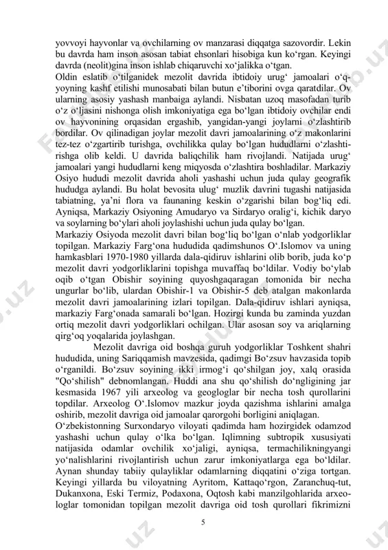 di. so‘nggi paleolit davrida markaziy osiyoda dunyoda keng tarqalgan uch irqdan biri, mongoloidlarni shakllanganligini arxeologik topilmalar isbot qilib berdi. markaziy osiyo ilk paleolit davriga oid madaniyatning elementlarini hindistonning shimoliy hududida topilgan soan manzilgohiga mansub mehnat qurollari bilan ayrim o‘xshashligini ko‘rish mumkin. markaziy osiyo paleolitining muhim xususiyatlaridan yana biri shundaki, ilk paleo​litdayoq tosh o‘zaklaridan parrakalar ajratishda levellua texnik uslubi mavjud bo‘lgan. bu jarayon paleolit yodgorliklarida turli xilda kuza​ti​lishidan qat’iy nazar, mehnat qurollarini yaratishda qo‘llanilgan taraqqiyot yo‘lini belgilashda muhim ahamiyat kasb etadi. bu texnik uslub, ayniqsa, o‘rta paleolit davrida birmuncha rivoshlanganligini ko‘ramiz. markaziy osiyo ilk paleolitga oid qo‘l cho‘qmorlari bilan bir qatorda qayroq kabi tosh qurollarining ishlatilganligi uning hindistondagi soan madaniyatiga yaqinligini ko‘rsatadi. ammo, bu madaniyatlarning o‘zaro yaqinligi faqat migratsiya jarayoni sifatida emas, balki tub, mahalliy negizda ham rivoj​langanligini etirof qilish zarur. hindistondagi soan madaniyatini markaziy osiyo paleolit madaniyatiga taqqoslaganimizda qiziqarli xulosalarga ega bo‘lamiz. eng avvalo mazkur yodgorliklarni katta maydonni egallaganligi, qo‘pol, …