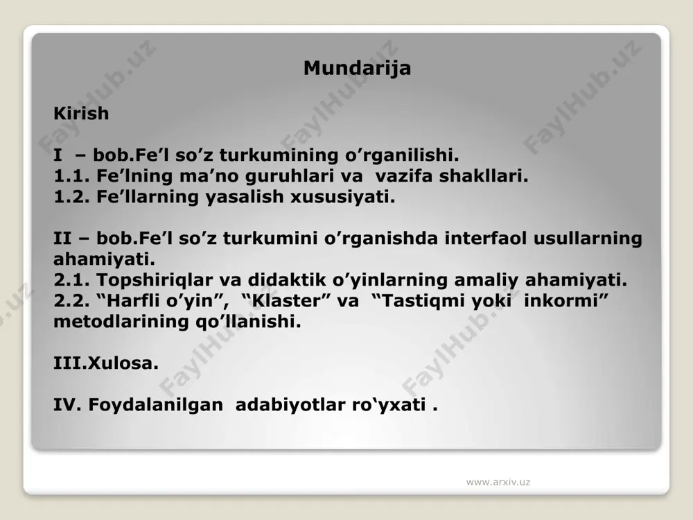 i ko’rish fe’llari nutq fe’llari tabiiy holat fe’llari www.arxiv.uz fe’l nisbatlari majhul nisbat birgalik nisbat o’zlik nisbat orttirma nisbat aniq nisbat www.arxiv.uz www.arxiv.uz fe’lning vazifa shakllari ravishdosh sifatdosh harakat nomi www.arxiv.uz fe’lning zamon shakllari hozirgi zamon o’tgan zamon kelasi zamon klaster -moqda -ibdi -yapti -ar -di -gan -di -ib -jak -ur -gusi -yotir www.arxiv.uz 12 xulosa www.arxiv.uz audio1.wav image6.png image7.jpeg image8.png image9.jpeg image10.jpeg image11.jpeg image12.jpeg image13.jpeg image14.jpeg image15.jpeg image16.jpeg image17.jpeg image18.wmf image19.jpeg image20.jpeg image21.jpeg image22.jpeg image23.jpeg