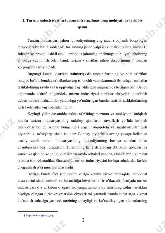 ng xohish-istaklari hisobga olingan turistikrekreatsion obyektlarni yaratadi hamda turistlarga xizmat ko’rsatish sohasiga yashash tarzining qulayligi va ko’rsatilayotgan xizmatlarning yuqori sifatliligini, originalligini ta’minlash uchun zarur bo’lgan yangi faoliyat turlarini jalb etadi. bu esa, o’z navbatida, turizm infratuzilmasini tashkil etuvchi muhit va resurslardan jadal foydalanishga hamda avvallari turistik hisoblanmagan yangi resurslarni (qishloq va ekologik turizm) muomalaga jalb etishga undaydi. turizm industriyasi mavjud resurslardan shunchaki foydalanib qolmasdan, balki muhitga nisbatan o’z individual talabini shakllantirib, o’zaro ta’sir xarakterini o’zgartiradi. turizm industriyasi – bu mehmonxonalar va joylashtirish vositalari, transport vositalari, umumiy ovqatlanish obyektlari, ko’ngilochar obyektlar va vositalar, davolash, sog’lomlashtirish, sportga doir, diniy-marosimchilik, ishbilarmonlikka va boshqa maqsadlarga molik vositalar, turizm operatorlari va turizm agentligini amalga oshiruvchi, shuningdek, turizm infratuzilma tashkilotlari majmuidan iborat bo’ladi. o’zbekiston respublikasining «turizm to’g’risida» gi qonunida turistik industriya tushunchasi quyidagicha ta’riflanadi: turistik industriya – turistik faoliyatning turistlarga xizmat ko’rsatishini ta‟minlovchi turli subyektlar (mehmonxonalar, turistik komplekslar, kempinglar, motellar, pansionatlar, umumiy ovqatlanish, transport korxonalari, madaniyat, …