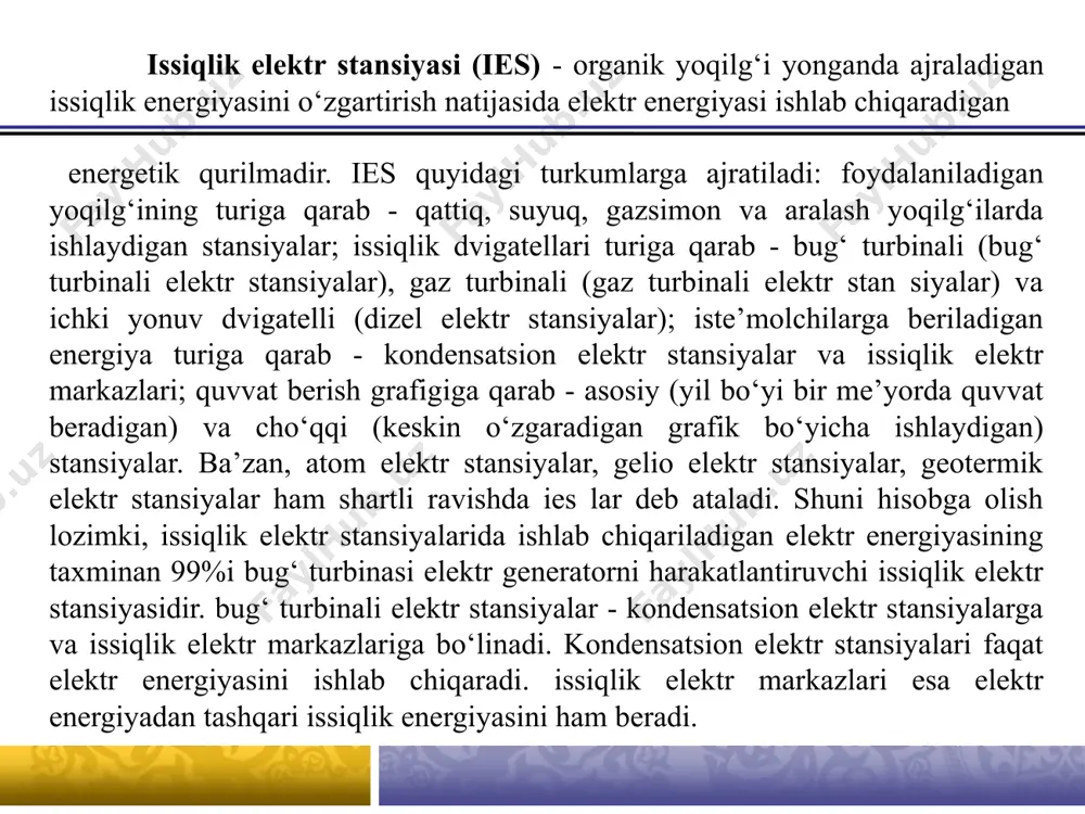 dagi bug ‘ ishlab chiqarish qozonxonasining texnologik chizmasi: 1-yoqilg‘i to‘plami; 2-lentali transportyor; 3, 4-yoqilg‘i bunkeri; 5-yoqilg‘ili vagon; 6-yoqilg‘ini maydalaydigan blok; 7-oraliq bunker; 8-tegirmon; 9-dastlabki havo; 10-maydalangan yoqilg‘i; 11-yondirgich; 12-qozonning old tomoni; 13-issiqni saqlaydigan qatlam; 14-o‘txona kamerasi; 15-takroriy havo; 16-pastki radiatsion ekranlar; 17, 18-o‘txona ekranlari; 19-o‘ta qizigan bug‘; 20-bug‘ o‘taqizdirgich; 21, 22-atmosfera havosi; 23-sovuq havo uzatish quvuri; 24 - oraliq bug‘ o‘taqizdirgich; 25 - gorizontal gaz yo‘li; 26 - o‘tish zonasi; 27 -ekonomayzer; 28- ta’minlash suvi; 29-havo isitgich; 30-ventilator; 31-kultutgich; 32-tutun so‘rgich; 33-mo‘ri; 34- kulni va shlakni tashuvchi qurilma. nazorat savollari: 1. qattiq yoqilg’ilarining qanday turlari bor? 2. barabanli qozonlarning afzalliklari nimalardan iborat? 3. shartli yoqilg’i tushunchasi bo’yicha nimalarni bilasiz? 4. lentali transporterlar nima uchun qo’llaniladi? e’tiboringiz uchun raxmat! 9 audio1.wav image6.jpeg image7.png image8.png image9.gif image10.png image11.png image12.png image1.png image2.png image3.png /docprops/thumbnail.jpeg