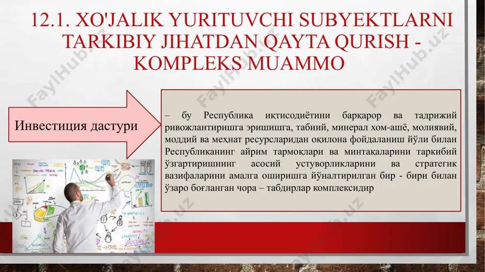 рда тутилган: 👉 850,5 трлн сўм инвестициялар, шу жумладан 35,5 млрд ақш доллари миқдоридаги хорижий инвестицияларни ўзлаштириш; 👉 206 та янги ишлаб чиқариш қувватлари ва 31 мингдан зиёд иш ўринлари яратиш. қиймати 50 млн ақш долларидан ошадиган ва хорижий инвесторнинг улуши 50 фоиздан кам бўлмаган инвестиция лойиҳалари доирасида ишлаб чиқариш майдонидан ташқаридаги зарур ташқи муҳандислик-коммуникация тармоқларини бюджет маблағлари ҳамда молиялаштиришнинг бошқа ички манбалари ҳисобидан қуриш тартиби мазкур инвестиция лойиҳалари қуйидаги талабларга мос келган тақдирда қўлланилади: 👉 лойиҳанинг иқтисодий самарадорлиги мавжудлиги; 👉 урбанизация агентлигининг лойиҳани сўралаётган ер участкасида жойлаштиришнинг мақсадга мувофиқлиги тўғрисидаги хулосаси мавжудлиги; 👉 лойиҳанинг лойиҳаолди ҳужжатига давлат экология экспертизасининг ижобий хулосаси мавжудлиги (зарур ҳолларда). ўзбекистон республикасининг 2021–2023 йилларга мўлжалланган инвестиция дастурини амалга ошириш чора-тадбирлари тасдиқланди (28.12.2020 йилдаги пқ-4937-сон қарорга қаранг). https://www.norma.uz/uz/qonunchilikda_yangi/yaqin_uch_yillikka_muljallangan_investiciya_dasturi_qabul_qilindi 2021–2023 йилларга мўлжалланган инвестиция дастури қуйидагиларни ўз ичига олади: 928,7 трлн сўм миқдоридаги марказлашган ва марказлашмаган инвестициялар, жумладан 37,5 млрд ақш доллари миқдоридаги хорижий инвестициялар ўзлаштирилишини назарда тутувчи …