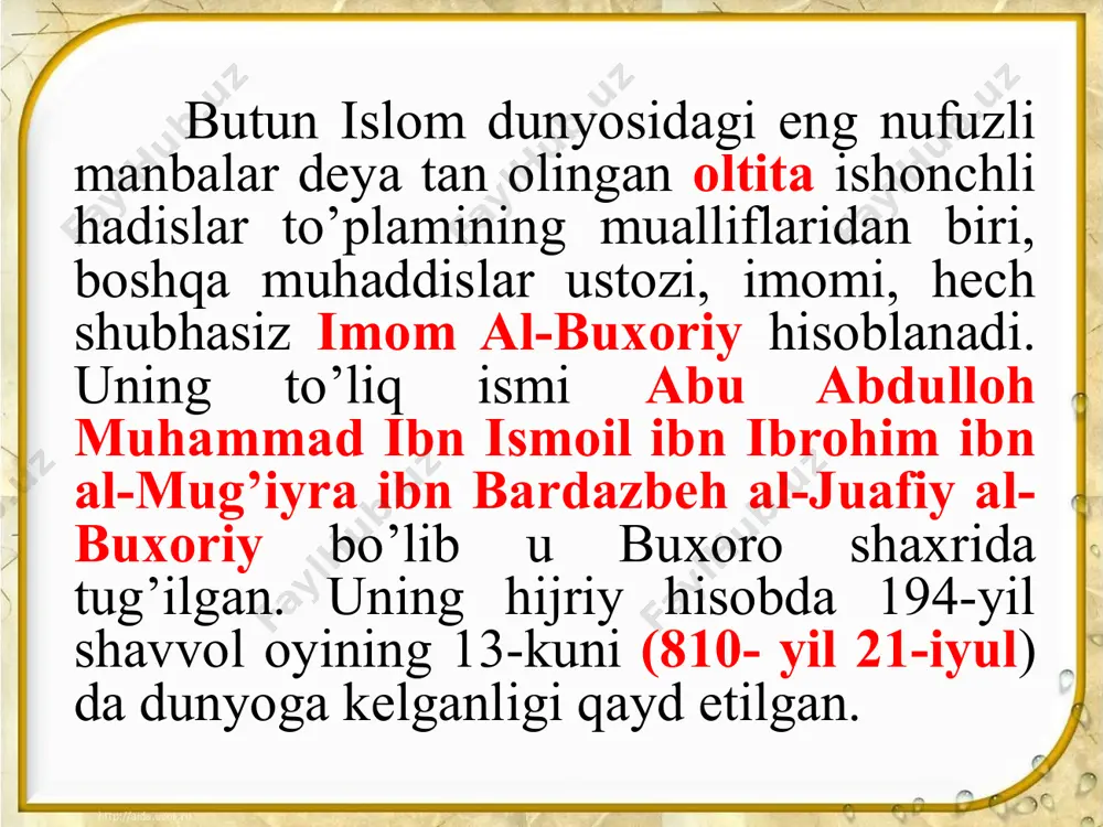 olib, o’zlari yozib olgan darslaridagi kamchiliklarini ham tuzatib olishibdi. hadislarning mavzu qamrovi nihoyatda keng. ular payg’ambarimizning s.a.v hayoti va faoliyati bilan bog’liq hadislar talqini, o’zaro insoniy munosabatlar, do’stlik, ahillik, saxovat, ota-onalarga va qarindosh urug’larga munosabat, halollik, poklik, adolat, insof, diyonad, hasad, xiyonat, rostgo’ylik, yolg’onchilik va boshqa insoniy fazilatlar va nuqsonlar ustida bahs yuritiladi. hadislar onalarni alohida sharaflaydi. ularning qadrini baland ko’rsatish, ularni ulug’lash, asrab avaylashga alohida urg’u beriladi. hadislar hayot hodisalari haqidagi o’gitnomalardir. demak, hadislar mazmunan har bir mo’minning ishonchini, e’tiqodini mustahkamlaydi va shu bilan birga insonni ma’naviy kamolotga da’vat etadi. shunday ekan, hadislar komil insonni shakllantirishda muhim manba bo’lib xizmat qiladi va undan yoshlar tarbiyasida foydalanish shu kunning dolzarb vazifalaridan sanaladi. etiboringiz uchun rahmat image1.jpeg image2.jpeg image3.jpeg image4.jpeg image5.jpeg image6.jpeg image7.jpeg image8.jpeg /docprops/thumbnail.jpeg