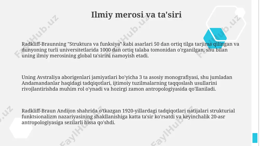 raun avstraliya aborigenlarining 50 dan ortiq turli qabilalarini o'rgangan holda, ularning qarindoshlik tizimlari va nikoh urf-odatlarini tahlil qilib, "jamiyat tuzilmalari va funktsiyalari"dagi nazariyasini amaliy misollarda ko'rsatgan. empirik tadqiqot usullari radkliff-braunning janubiy afrika xalqlariga oid ma'lumotlari, 10 ga yaqin turli qabilalarning ijtimoiy tuzilmalari va marosimlarini taqqoslash orqali, funksionalizm nazariyasini shakllantirishda muhim rol o'ynadi. uning avstraliya aborigenlari jamiyatlariga oid empirik tadqiqotlari, 3 ta asosiy qabila guruhi – aranda, pirranu va murray – orasidagi nikoh va qarindoshlik tizimlarini tahlil qilishga qaratilgan edi. radkliff-braun 1930-yillarda andamand orollarida o'tkazgan dala tadqiqotlari davomida 200 dan ortiq qabila a'zolarining ijtimoiy munosabatlarini batafsil kuzatgan va hujjatlashtirgan. e'tiboringiz uchun rahmat @taqdimot_robot