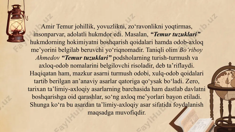 , tutgan siyosati hozir ham o‘z qiymatini yo‘qotmagan. amir temurning ta’lim-tarbiyaga oid ishlari, qarashlari hozirgi barkamol insonni shakllantirishda katta rol o'ynaydi. 1. adovat emas, adolat yengadi. 2. so‘zlaguvchi gar nodon erur, tinglaguvchi dono o‘lsin. 3. ota bo'lmagan, ota qadrini bilmas. 4. do‘shmandan qo‘rqma, munofiqdan qo‘rq. 5. ishon. ammo shubha qil. 6. kuch - adolatdadir. 7. do‘stlik sinovda chiniqadi. 8. filning dumi bo‘lguncha, chumolining boshi bo‘l. 9. toy mingan - ot ham minadi. 10. botir jangda bilinar, dono - mashvaratda. 11. birliksiz kuch bo‘lmas. “temur tuzuklari”dagi hikmatlardan namunalar: alisher navoiyning pedagogik qarashlari alisher navoiy fan va san’atning turli sohalari: adabiyot, tarix, til bilimlari, musiqa, hattotlik, tasviriy san’at hamda me’morchilikning rivoji yo‘lida amaliy harakatlami olib borish bilan birga yoshlarga ta’lim va tarbiya berish masalalariga ham alohida diqqat-e’tibor qaratdi. ulug‘ mutafakkir o‘zining ““xamsa”, “mahbub-ul-qulub”, “munojot”, “vaqfiya”, “majolis-un-nafois”, “muhokamat-ul-lug‘ atayin”, shuningdek, abdurahmon jomiyning “arba’in” nomli asarining tarjimasi sifatida yaratilgan “chihil hadis” (“qirq hadis”) kabi …