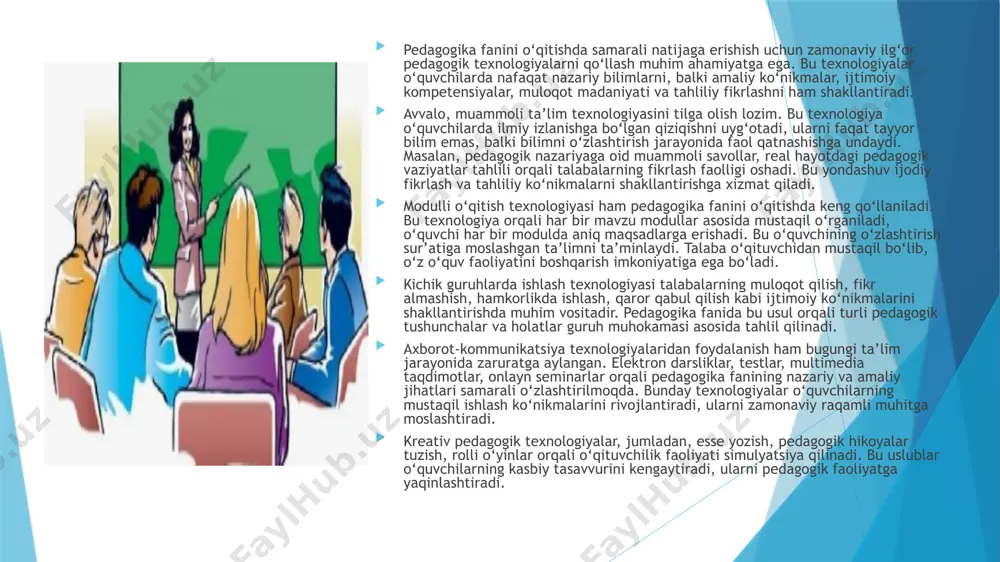 ga moslashtirish. ba’zan o‘quvchilar passiv bo‘lishi, texnologiyalarning mohiyatini anglamasligi mumkin. shu sababli, o‘qituvchi bu texnologiyalarning foydasini tushuntirish, jarayonni shaxsga yo‘naltirilgan tarzda olib borishi zarur. pedagogik texnologiyalarni qo‘llashda uchraydigan muammolarga quyidagilarni kiritish mumkin: o‘qituvchilarning metodik tayyorgarligi yetarli emasligi, o‘quvchilarni faol jalb qilishdagi qiyinchiliklar, texnologiyani noto‘g‘ri tanlash yoki noto‘g‘ri qo‘llash, ta’lim muassasasining moddiy-texnik bazasi bilan bog‘liq muammolar. bunday muammolarni bartaraf etish uchun pedagog kadrlarni doimiy malaka oshirish kurslaridan o‘tkazish, amaliyotga yo‘naltirilgan seminar va treninglar tashkil etish, texnik ta’minotni yaxshilash va texnologiyalarni milliy ta’lim tizimiga moslashtirish lozim. xulosa pedagogik texnologiyalarni samarali qo‘llash o‘qituvchidan yuqori darajadagi metodik tayyorgarlikni, o‘quvchilardan esa faol ishtirokni talab etadi. shu bilan birga, ta’lim muassasalarining texnik ta’minoti va tashkiliy shart-sharoitlari ham muhim rol o‘ynaydi. agar bu omillar o‘zaro uyg‘unlashsa, pedagogika fanining o‘qitilishi zamonaviy, interaktiv va natijador shaklga ega bo‘ladi. kelgusida pedagogik texnologiyalarni yanada takomillashtirish, ularni milliy ta’lim tizimiga moslashtirish, raqamli vositalar bilan uyg‘unlashtirish orqali pedagogika fanini o‘qitishda sifat jihatidan yangi …