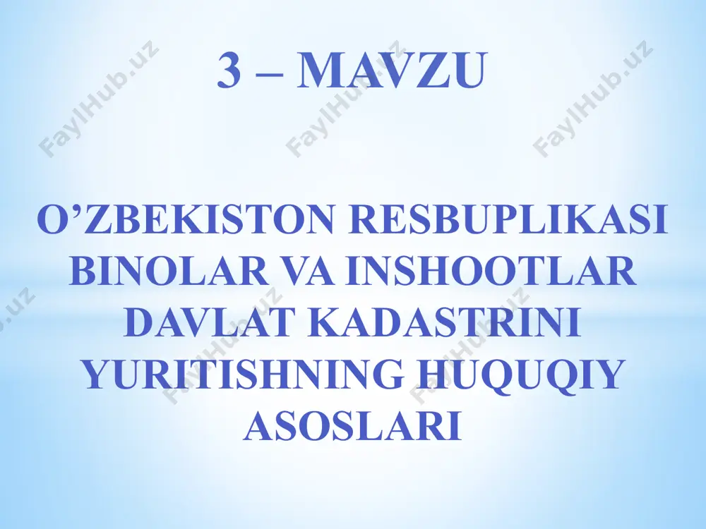 strlari palatasi va uning qoraqalpog‘iston respublikasi, viloyatlar va toshkent shahar hududiy boshqarmalari 1. binolar va inshootlar davlat kadastriga ma’lumotlar belgilangan tartibda ajratilgan yer uchastkasida ularning qurilishi tugallangandan keyin yoxud qonunchilik hujjatlarida nazarda tutilgan tartibda va shartlarda ular bo‘yicha bitimlar tuzilgandan keyin hisobga kiritiladi. qonunchilik hujjatlarida belgilangan holatlarda qurilishi tugallanmagan bino va inshootlar ham bino va inshootlar davlat kadastrida hisobga olinishi mumkin. buyurtmalar asosida bosqichlar subyektlar tadbirlar bajarish muddatlari 1-bosqich davlat kadastrlari palatasi va uning qoraqalpog‘iston respublikasi, viloyatlar va toshkent shahar hududiy boshqarmalari 2. binolar va inshootlar davlat kadastrini yuritishda axborot tizimida bino va inshootga mulk huquqi yoki boshqa ashyoviy huquqlar (ularning paydo bo‘lishi, boshqa shaxsga o‘tishi, cheklanishi va to‘xtatilishi) to‘g‘risidagi, shuningdek, obyektni tavsiflovchi boshqa ma’lumotlar qayd etiladi. buyurtmalar asosida bosqichlar subyektlar tadbirlar bajarish muddatlari 2-bosqich kadastr agentligi 1. bino va inshootlar davlat kadastrini yuritishda ma’lumotlar va axborotlar sifatini nazorat qiladi. 2. binolar va inshootlarning holati bo‘yicha kadastr ma’lumotlarining umumlashtirilgan statistik …