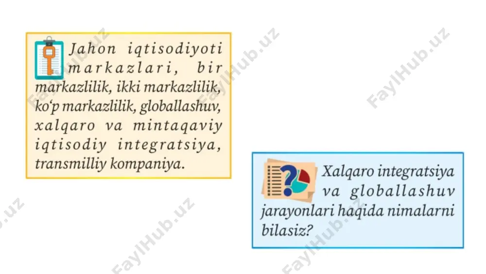 di. o‘sha davrga kelib, sotsializmdan voz kechgan ko‘plab davlatlarda erkin bozor iqtisodiyotiga o‘tish jarayoni boshlandi. shu bois jahon xo‘jaligida ikki tizimlilik holatiga barham berildi. xxi asrda bir nechta davlatlarning ijtimoiy-iqtisodiy va ilmiy-texnologik salohiyatining o‘sishi natijasida jahon iqtisodiyotida polisentrik — ko‘p markazlilik holati shakllana boshladi. hozirgi kunda yevropa ittifoqi, shimoliy amerika kabi an’anaviy yirik markazlar bilan bir qatorda xitoy, yaponiya, osiyoning yangi sanoatlashgan davlatlari, fors qo‘ltig‘i davlatlari, hindiston, braziliya, meksika, mdh davlatlari kabi iqtisodiy markazlar ham jahon iqtisodiyotida o‘ziga xos o‘ringa egaligi bilan ajralib turadi (26-rasm). shimoliy amerika bugungi kunda jahon yalpi milliy mahsuloti (ymm) ning ¼ qismini beruvchi muhim iqtisodiy markaz hisoblanadi (27-rasm). uning tarkibiga kiruvchi aqsh va kanada “katta yettilik” guruhiga kiruvchi davlatlari sifatida barchamizga ma’lum. yevropa ittifoqi hozirgi kunda o‘z tarkibiga 27 ta davlatni birlashtiradi. uning tarkibidagi 5 ta davlat (germaniya, fransiya, italiya, ispaniya va niderlandiya) jahonning yim hajmi bo‘yicha birinchi 20 taligiga kiradi. hozirgi vaqtda turli davlatlar …