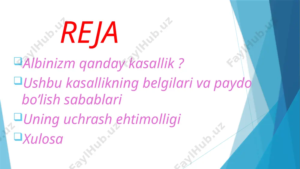 di .ammo u aslida albinosligi aniqlanadi.hozirda ham bunday g’aroyib holatlar tez-tez uchrab turadi.bu holatning ko’plab uchrashining sababi bu tashqi muhitning o’zgarishidir. xulosa qilib aytganda,albinizm irsiyatning buzilishiga bog’liq holda irsiylanadigan gen kasalligi hisoblanadi.bunday kasallikka uchragan organizmlar kam uchraydi,lekin ularning ko’pchiligi teri va ko’z kasalliklaridan aziyat chekadi.chunki ularning terisida boshqa odamlar kabi melanin pigmenti bo’lmaydi va quyosh nuriga ancha ta’sirchan bo’ladi.ko’zlari esa pigment yetishmovchiligidan ortiqcha quyosh nurini o’tkazadi va uning faoliyati buziladi. tibbiy muammolardan tashqari, albino bolalari o'z tengdoshlari va jamiyat tomonidan ma'lum bir tahqirlarga duchor bo'lishadi, shuning uchun chalkashliklarga yo'l qo'ymaslik uchun mavzu haqida suhbatlashish va shu bilan albinizmning sabablari va oqibatlarini bilish muhimdir. image1.jpeg image2.jpeg image3.jpeg image4.jpeg image5.jpeg image6.jpeg image7.jpeg image8.jpeg image9.jpeg /docprops/thumbnail.jpeg