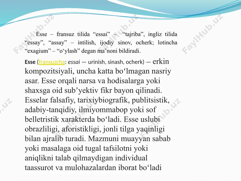 rma (maqol, sitata, hikmatli so‘z, rivoyat, she’riy parchalar va h.k.). qo‘yilgan tezisga kamida ikkitadan dalillar keltirilishi kerak. asosiy qismni yoritish uchun kerakli ma’lumotlarni keltirish jarayonida qo‘yilayotgan masalaga o‘quvchining shaxsiy munosabatini bildiruvchi, shuning bilan birga, menimcha, mening fikrimcha, birinchidan, ikkinchidan, shu kabi, demak, biroq, unday bo‘lsa kabi kirish so‘zlardan foydalanish o‘rinli bo‘ladi. xulosa xulosa – mavzu bo‘yicha chiqariladigan yakuniy jumlalar bo‘lib, unda yangi fikr-mulohazalar bildirilmaydi, balki dalillarga suyangan holda yakun chiqarilib, uni yechish yo‘llari ko‘rsatiladi. essening yakuniy qismida asosiy qismda berilgan muammoning yechimi tasdiqlanadi va mazmunning mohiyati ochiladi, ya’ni «esse boshida ko‘tarilgan masala bo‘yicha nima deyish mumkin?» degan savolga aniq va tushunarli javob tarzida yozilishi kerak. xulosa qismida quyidagi kirish so‘zlardan foydalaniladi: men shunday xulosaga keldimki.., qisqasi, asosiy fikrim shuki.., xulosa qilib aytganda... va boshqalar. esse yozish jarayonida quyidagilarga e’tibor berish kerak: 1. kirish va yakuniy qismdagi fikr asosiy masalaga uzviy bog‘liq bo‘ladi. masalan, kirish qismida “men... haqida shuni aytmoqchiman” deb …