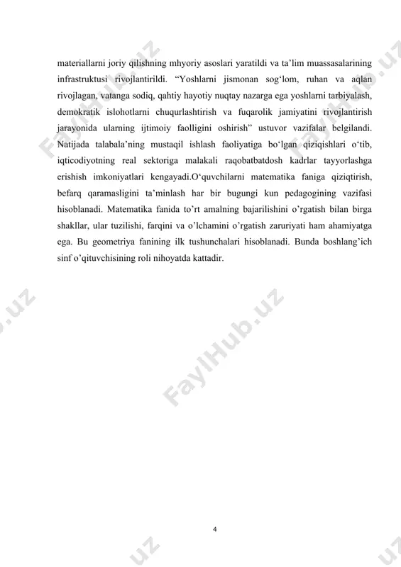 ar, ular tuzilishi, farqini va o’lchamini o’rgatish zaruriyati ham ahamiyatga ega. bu geometriya fanining ilk tushunchalari hisoblanadi. bunda boshlang’ich sinf o’qituvchisining roli nihoyatda kattadir. i.bob.boshlang’ich sinflarda geometrik materialni o’qitishning nazariy asoslari. 1.1.geometrik materialni o’qitishning maqsad va vazifalari. geometrik materialni o'qitishning asosiy maqsadi va vazifalari matematika darslarida matematik geometriya bo'yicha talabalar uchun qo'llanma va ko'nikmalar berishdir. bu darslar orqali, talabalar geometrik shakllarni va ulardan kelib chiqadigan muammolarini tushunish, tahlil qilish va hal qilishni o'rganishlari maqsad qilinadi. quyidagi vazifalarga e'tibor beriladi:geometrik material, talabalarga geometrik shakllarni tushunish va aniqlashni o'rganish imkonini beradi. ular qo'llanmada to'g'ri burchaklar, to'g'ri to'rtburchaklar, uchburchaklar, doiralar, kvadratlar, paralelogramlar va boshqalar kabi shakllarni o'rganishadi.geometrik material, talabalarga berilgan muammoni tahlil qilish va uning yechimini topishni o'rganishga yordam beradi. masalan, talabalar tomonlari bilan berilgan to'rtburchakning yuzini hisoblash, to'g'ri burchaklar orasidagi munosabatlarni topish, to'g'ri to'rtburchakning perimetri va yuzini hisoblash kabi muammolarni tahlil qilishni o'rganishadi.geometrik material, talabalarga muammolarni hal qilishning har xil usullarini o'rganishda …